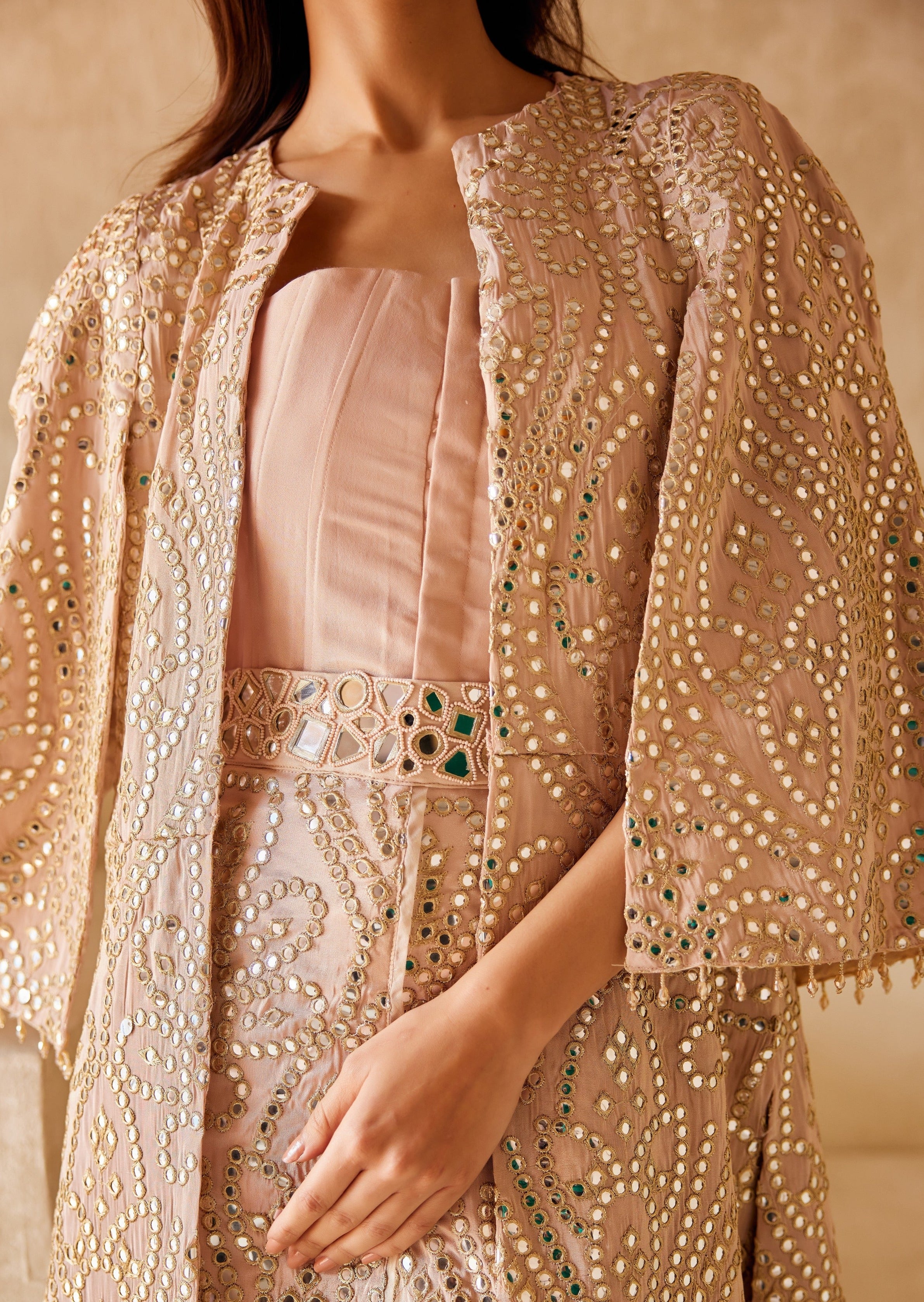 Long Overlap Skirt With Long Jacket And String Corset Set