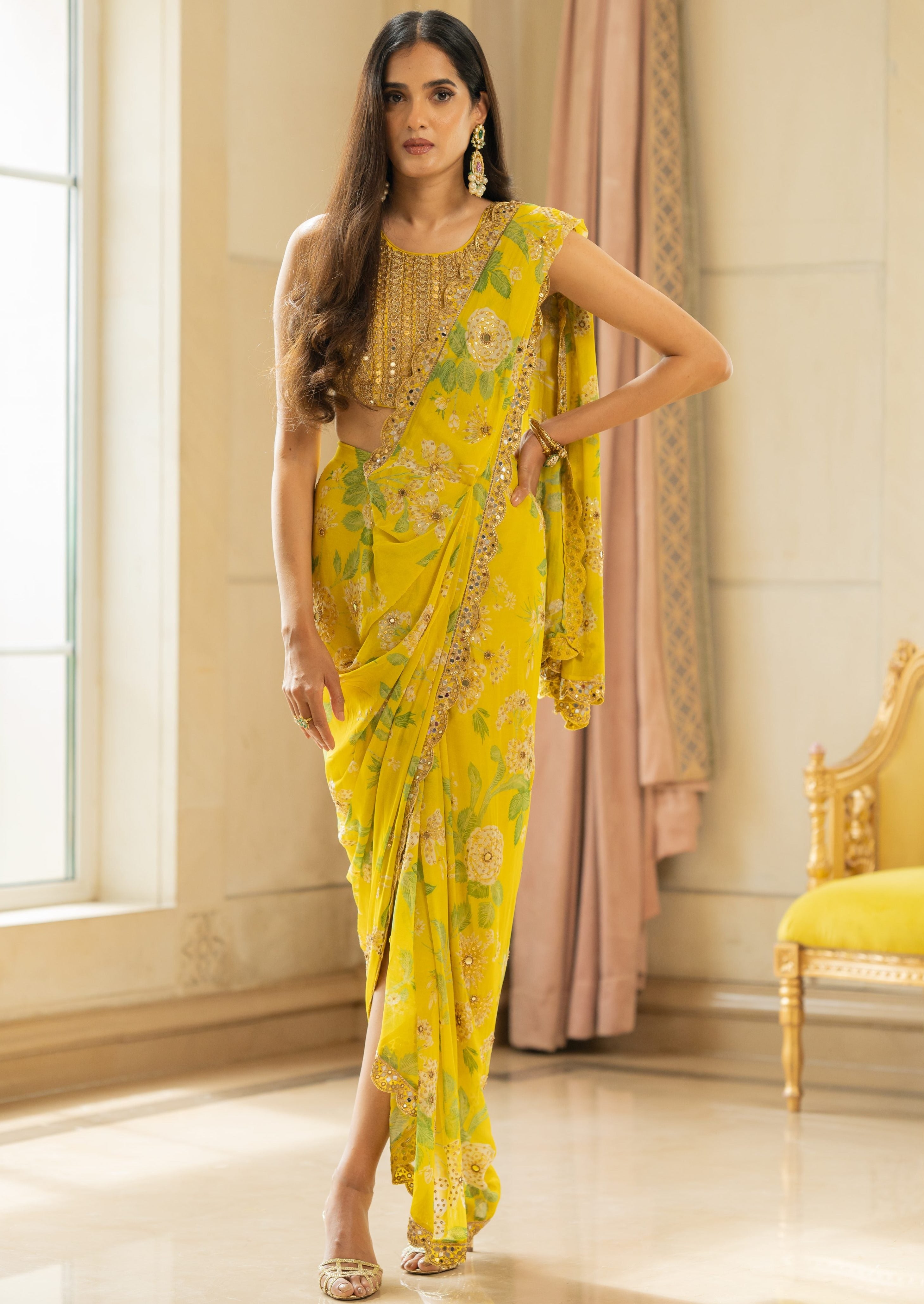 Lime Yellow Floral Printed Sari
