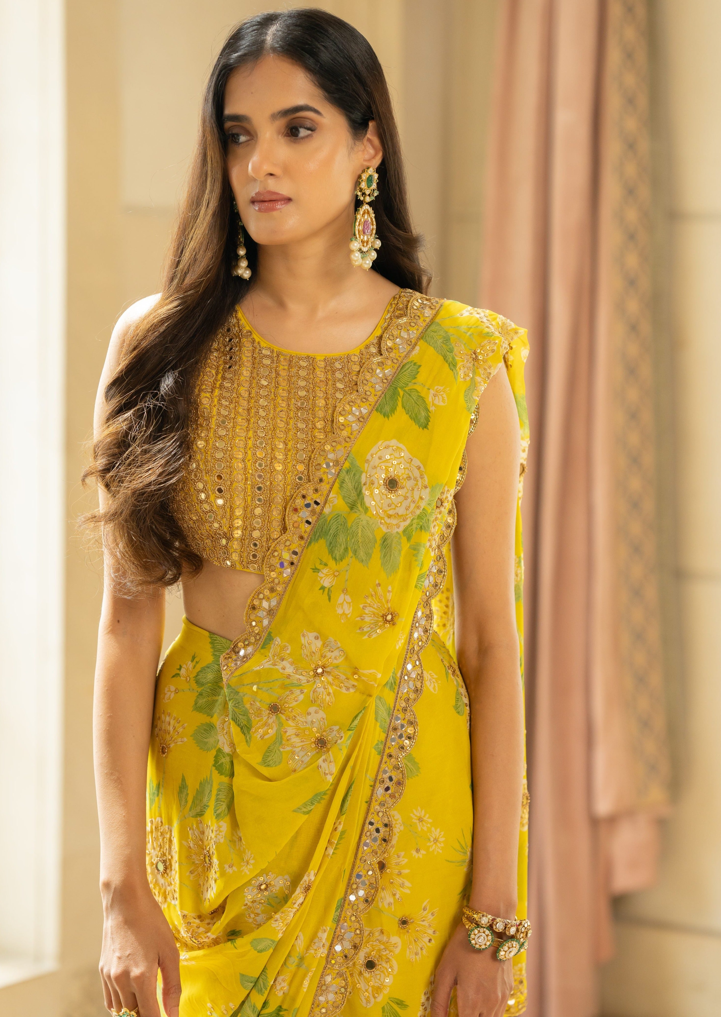 Lime Yellow Floral Printed Sari