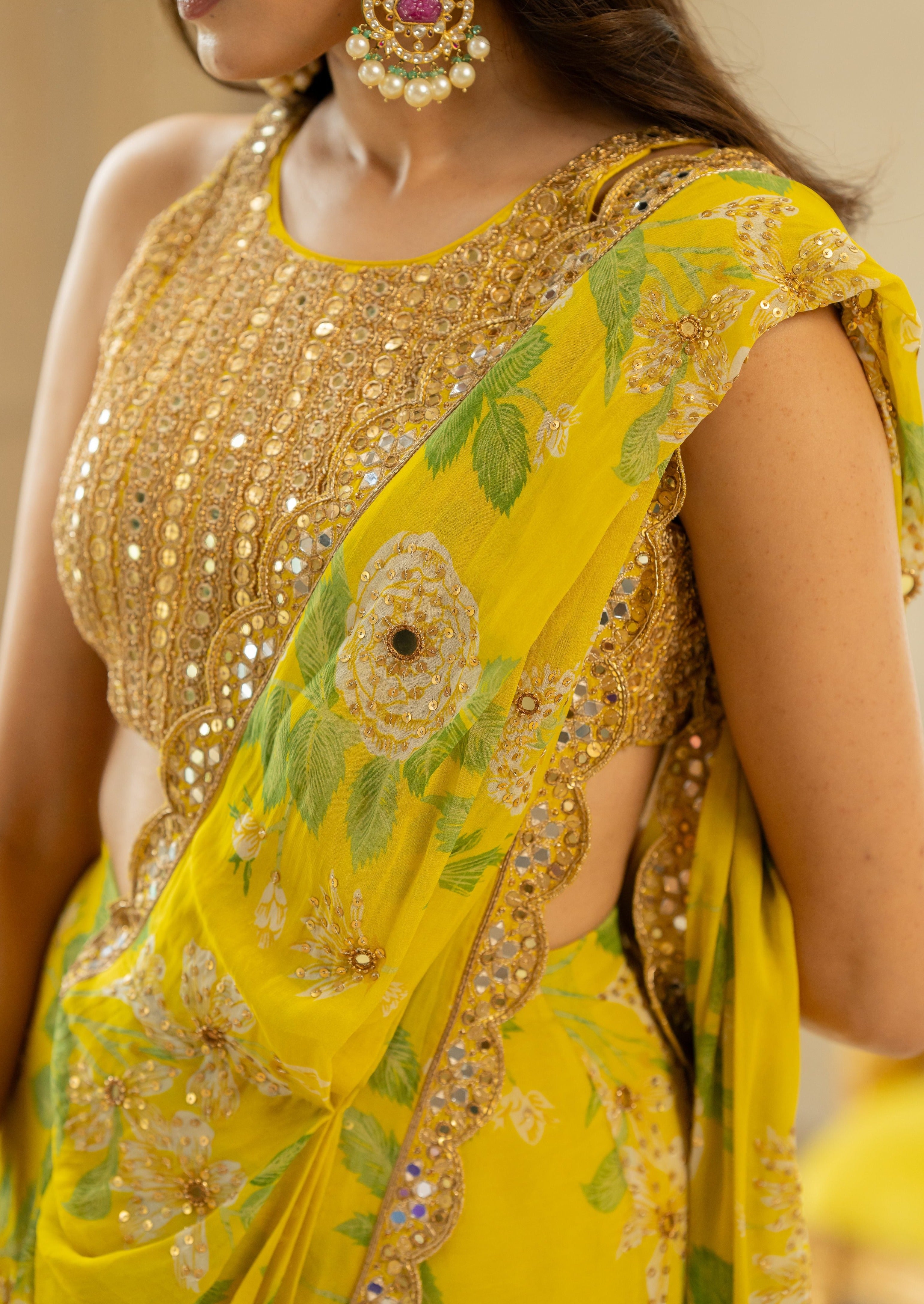 Lime Yellow Floral Printed Sari