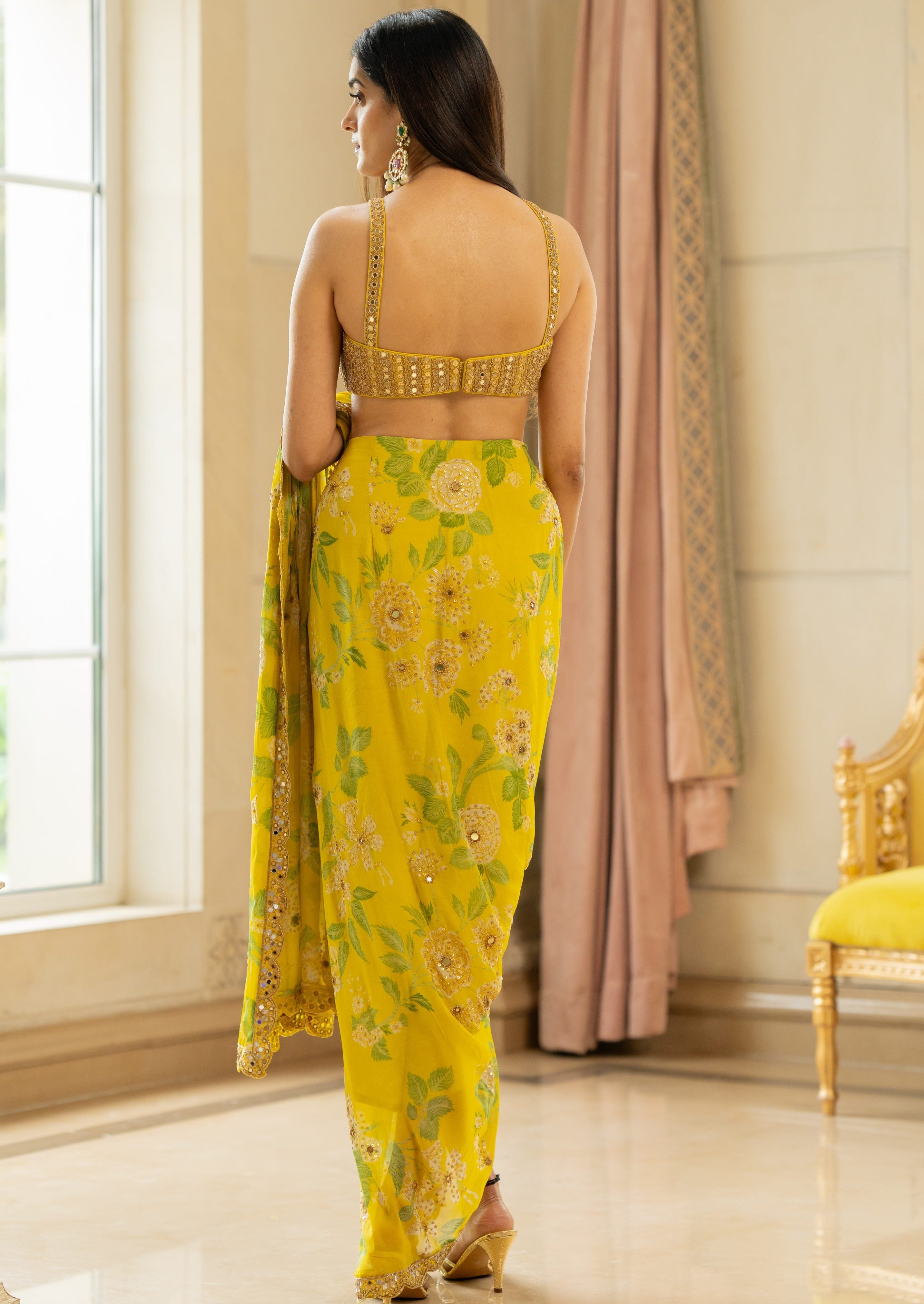 Lime Yellow Floral Printed Sari