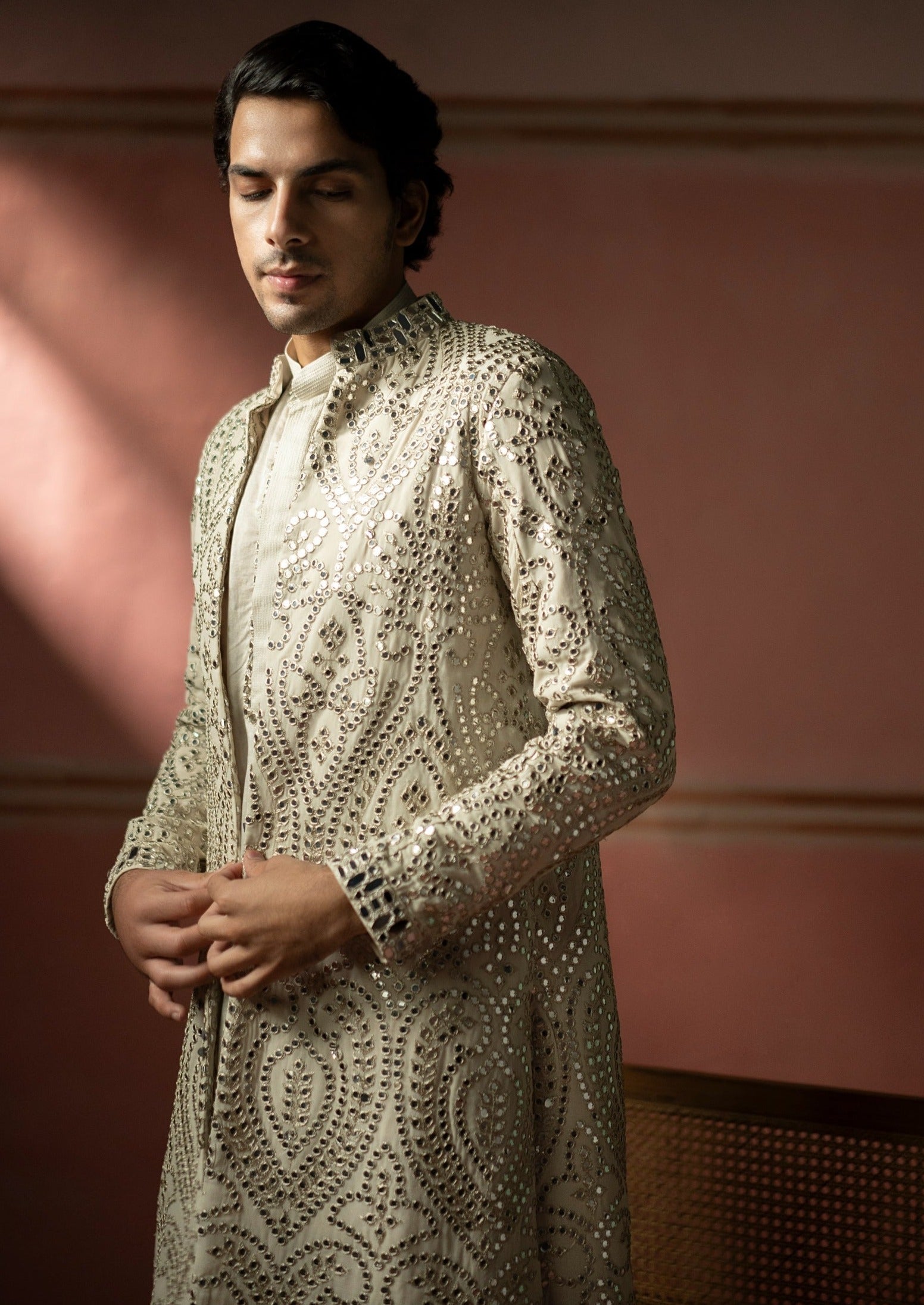 Silver Zari Mirrorwork Sherwani