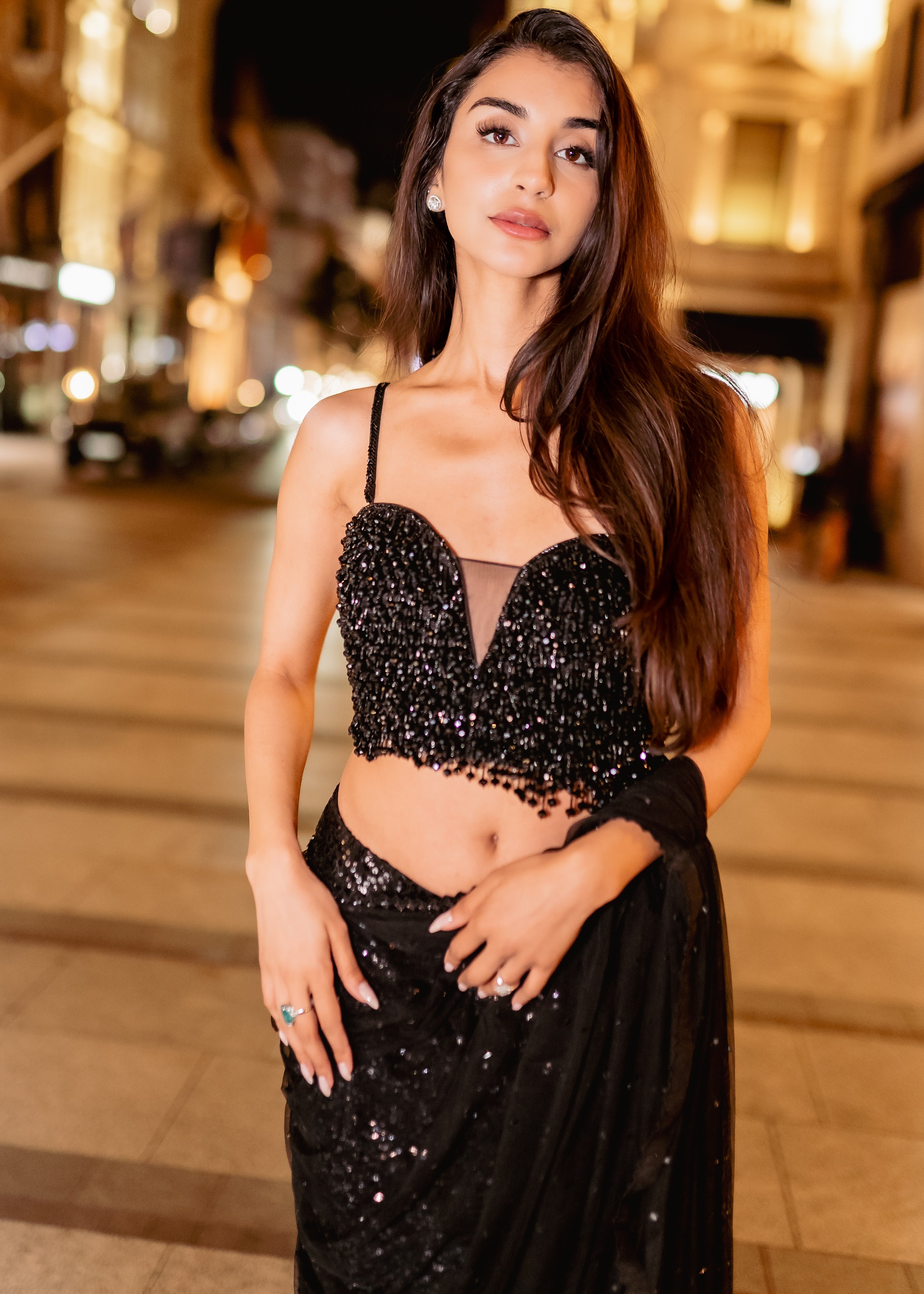 Black Drape Sequins Sari