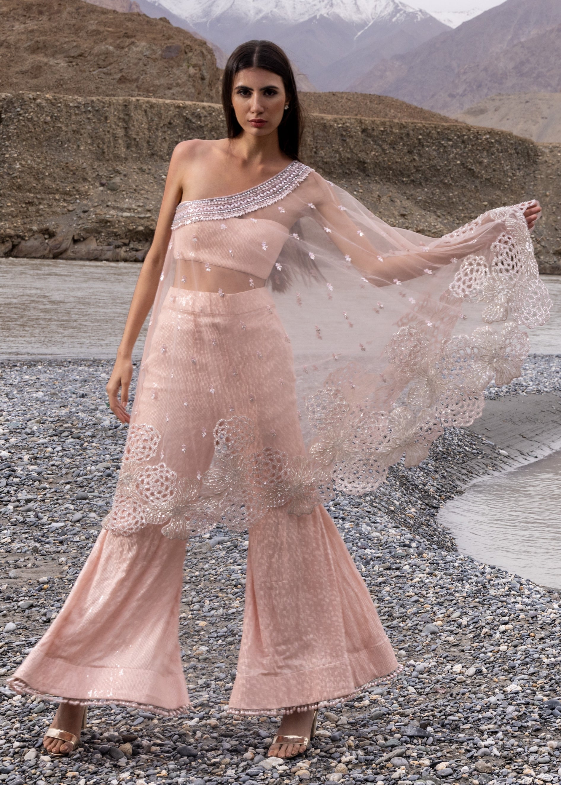 Blush Pink One-Shoulder Cape Set