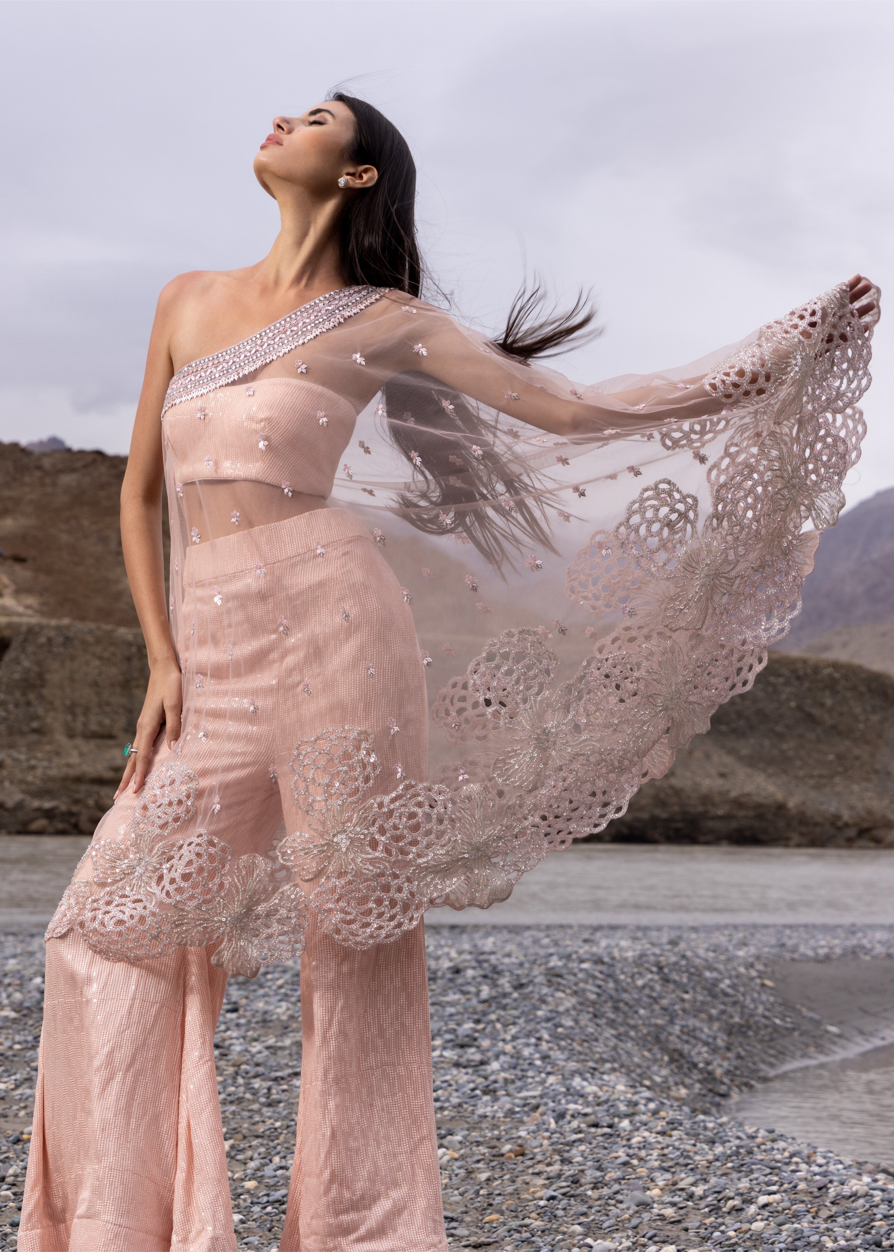 Blush Pink One-Shoulder Cape Set