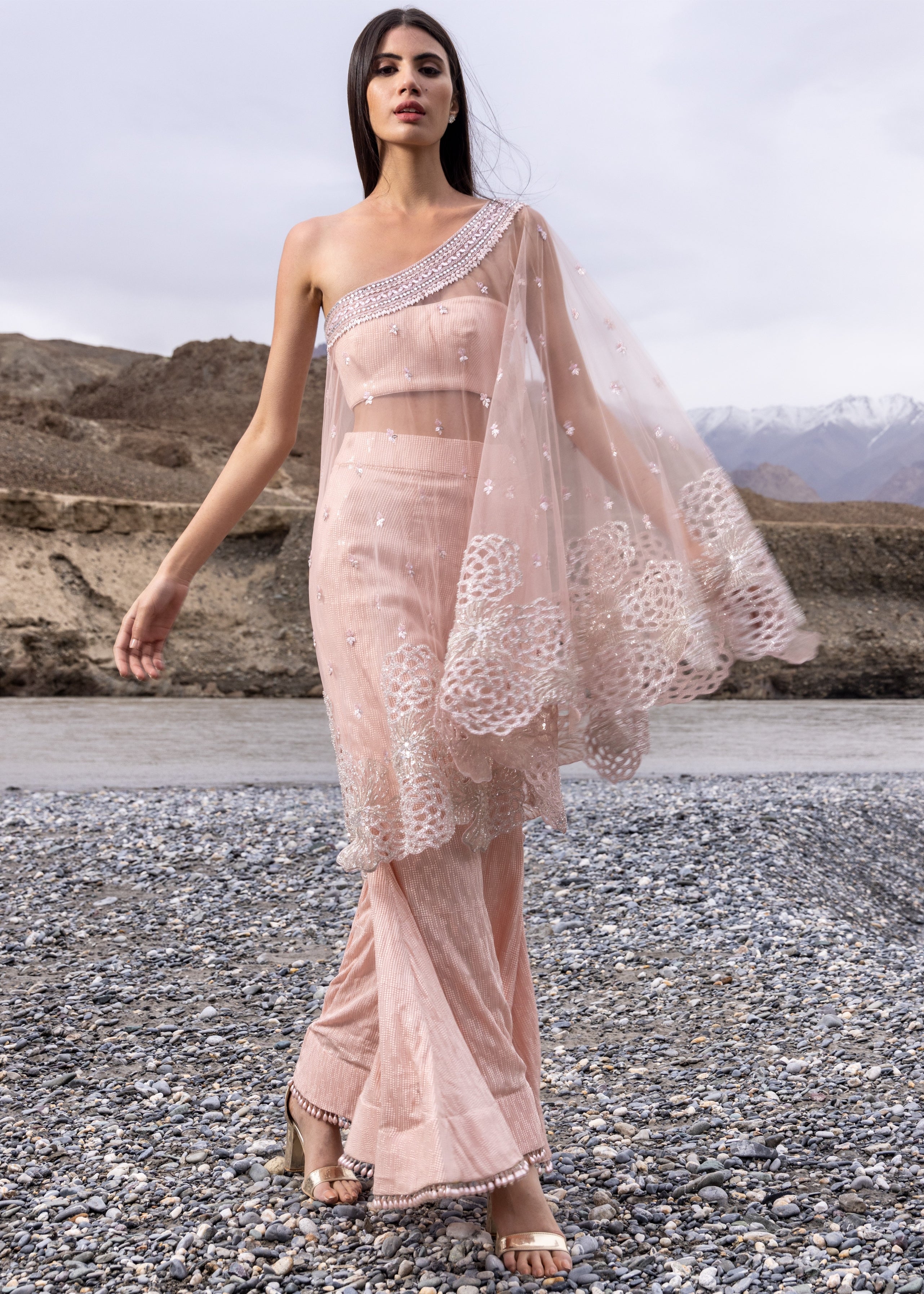 Blush Pink One-Shoulder Cape Set