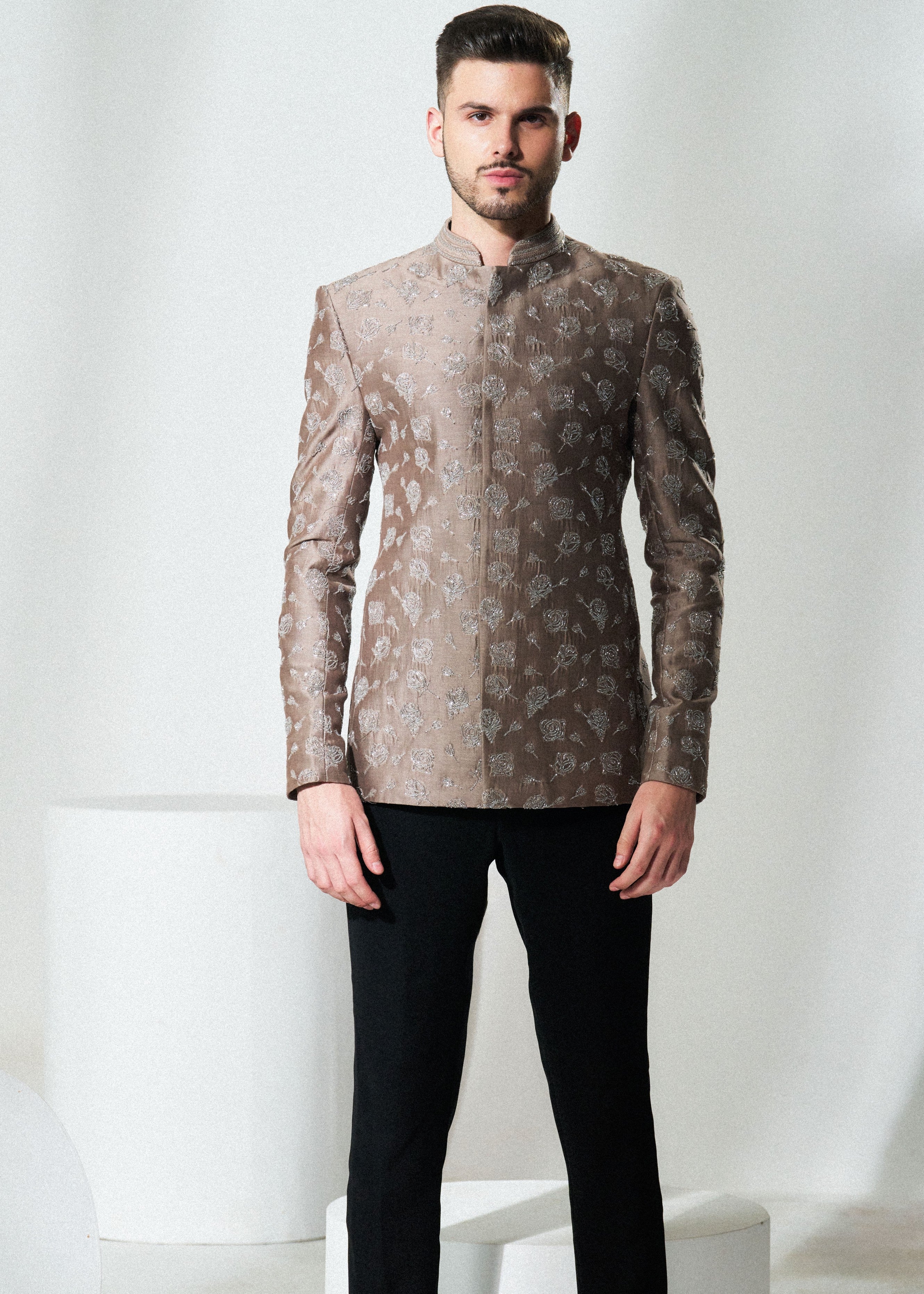 Taupe Rosework Bandhgala Set