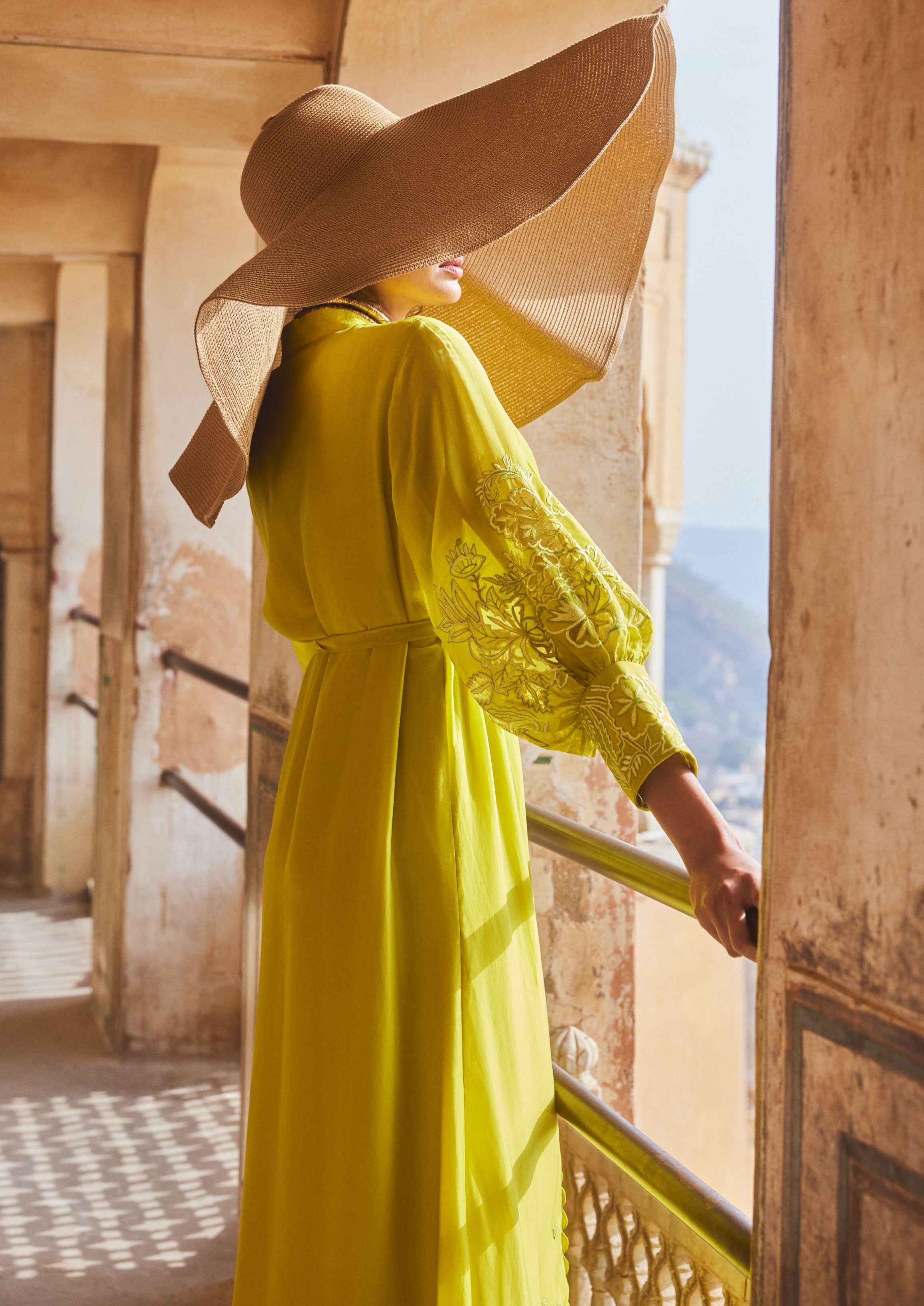 Lemon Yellow Silk Organza Cutwork Maxi Dress