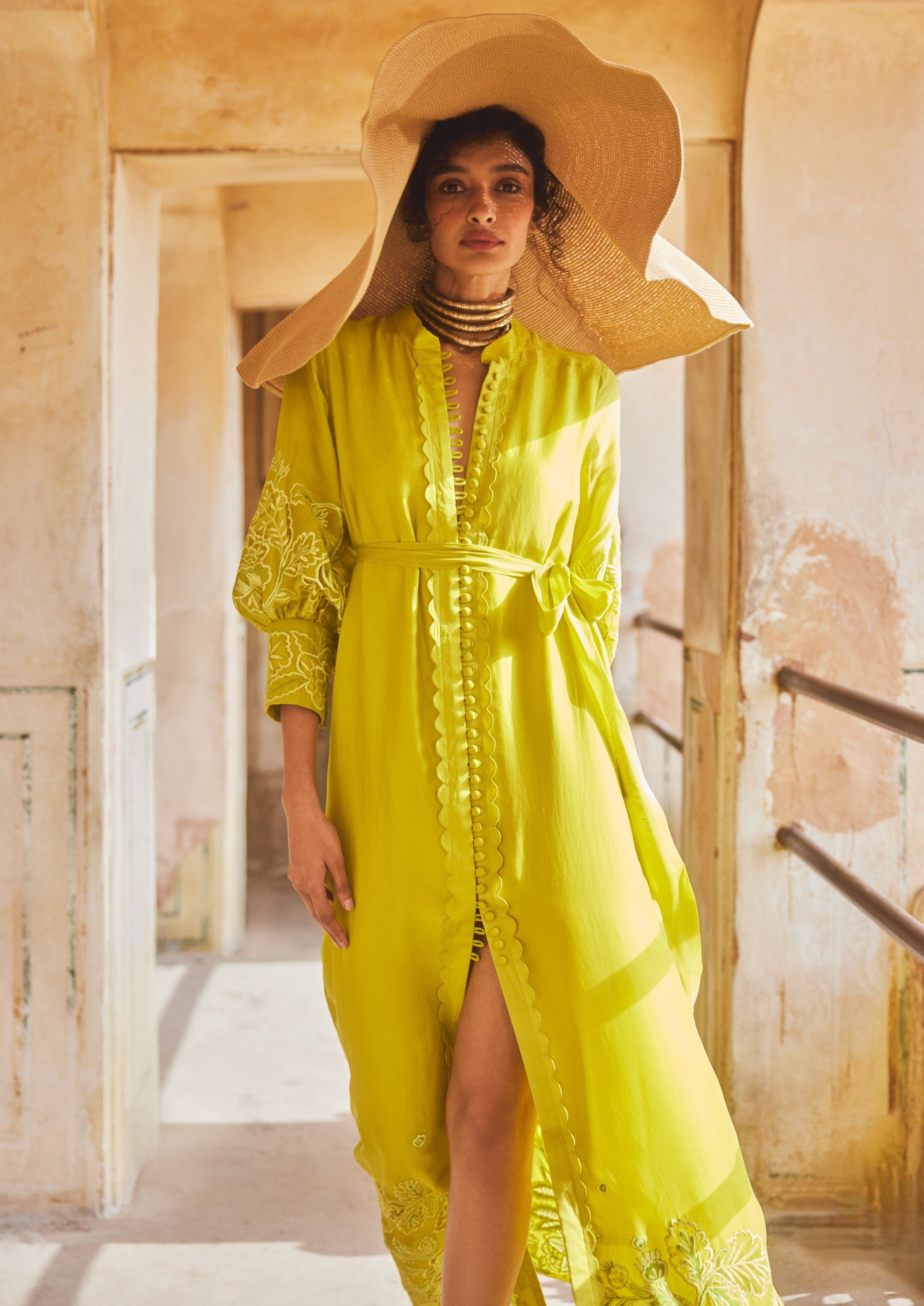 Lemon Yellow Silk Organza Cutwork Maxi Dress