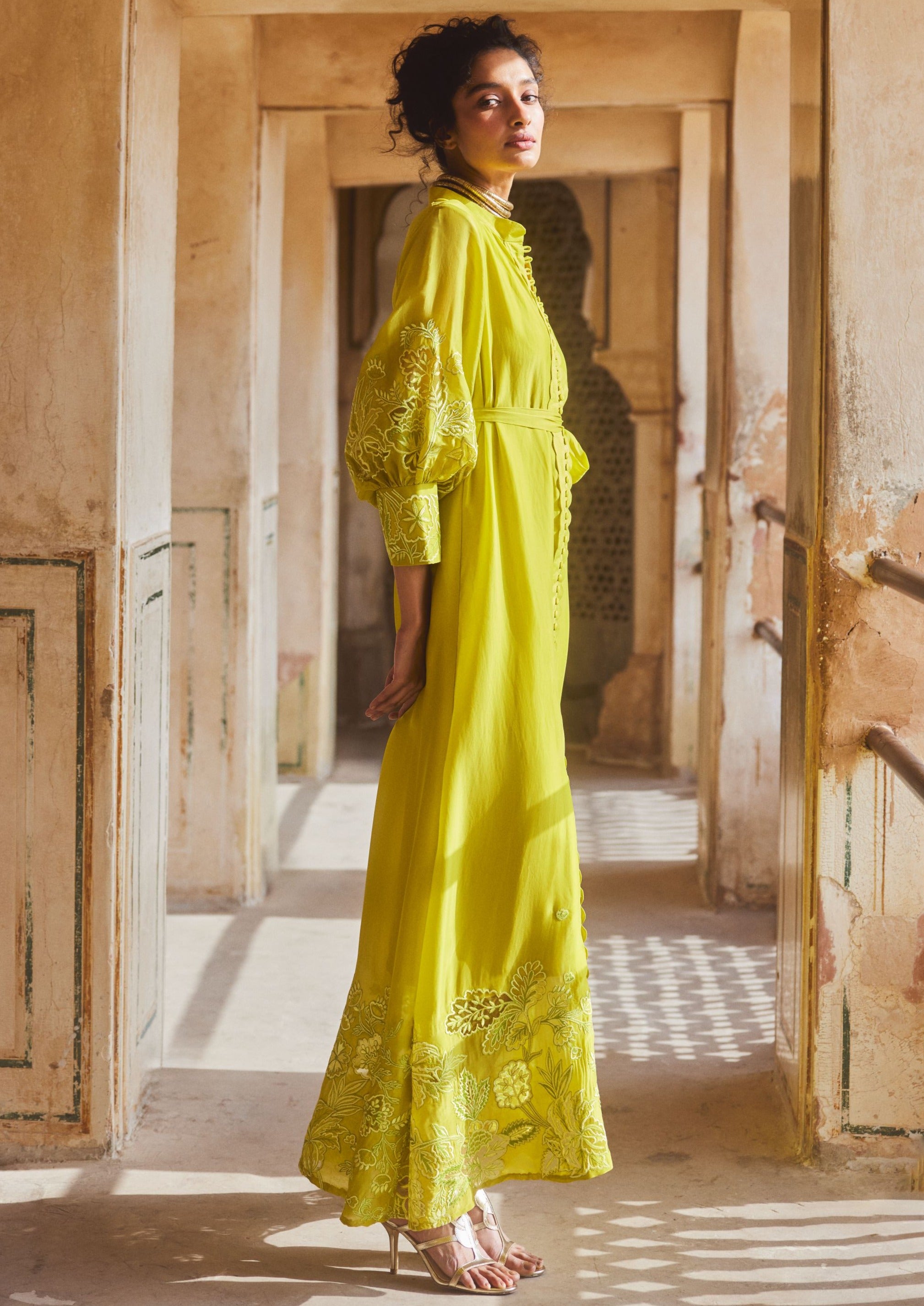 Lemon Yellow Silk Organza Cutwork Maxi Dress