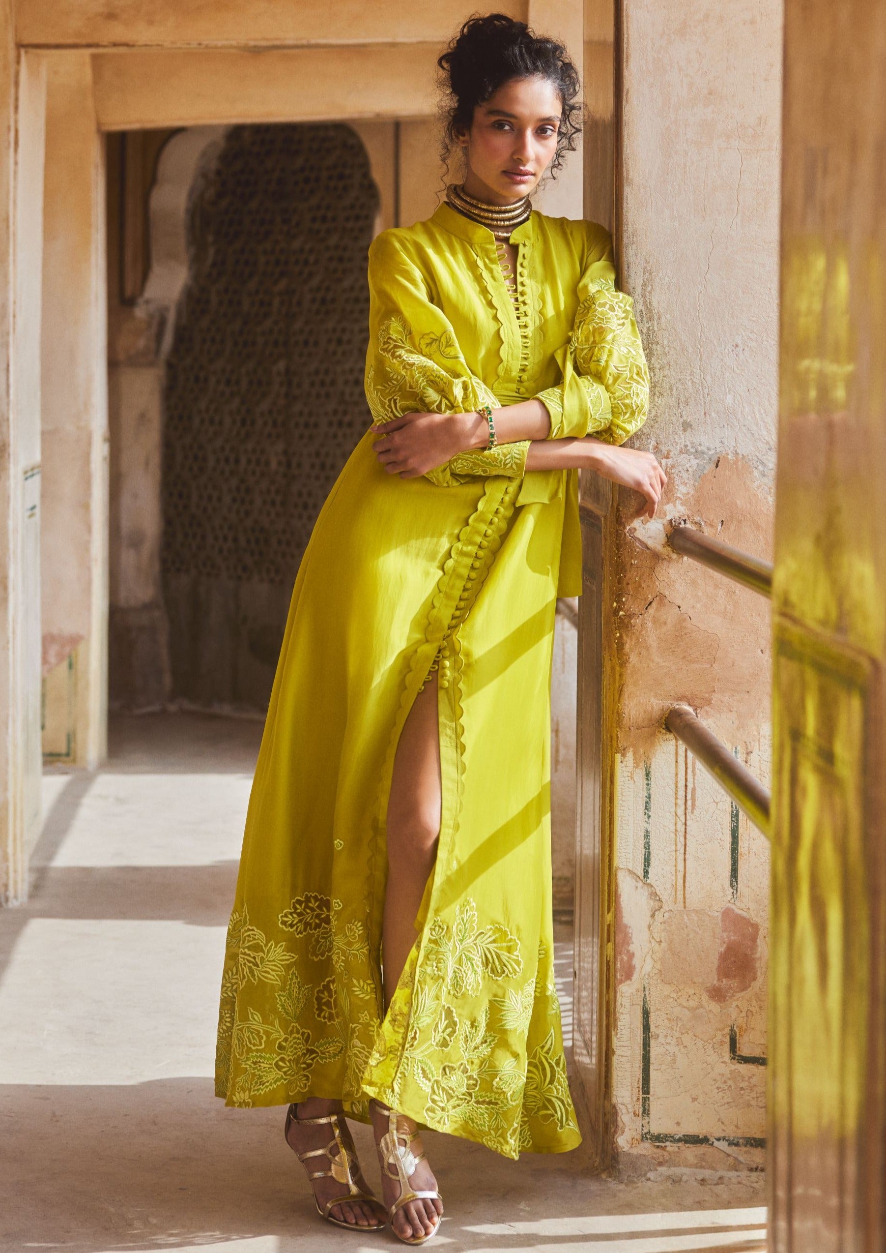 Lemon Yellow Silk Organza Cutwork Maxi Dress