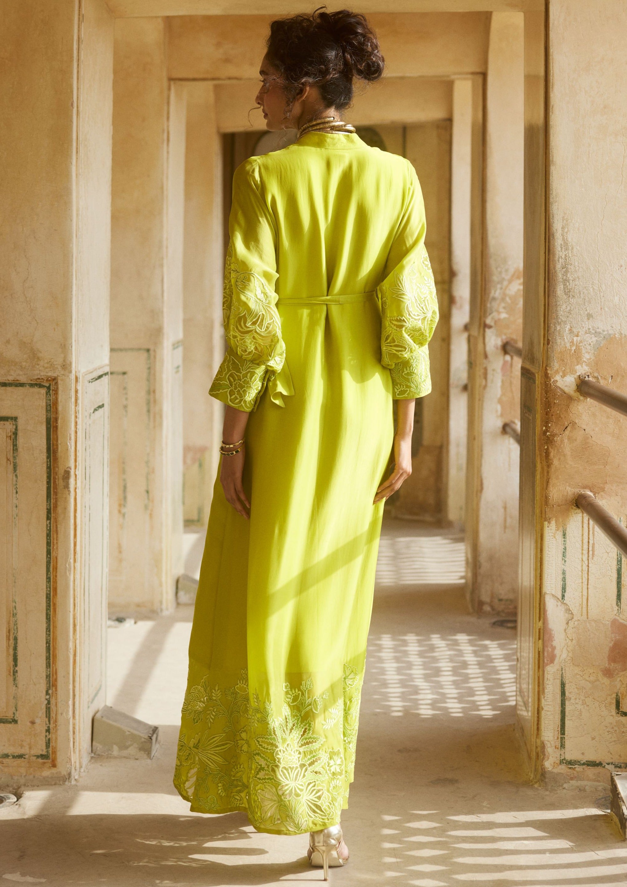 Lemon Yellow Silk Organza Cutwork Maxi Dress