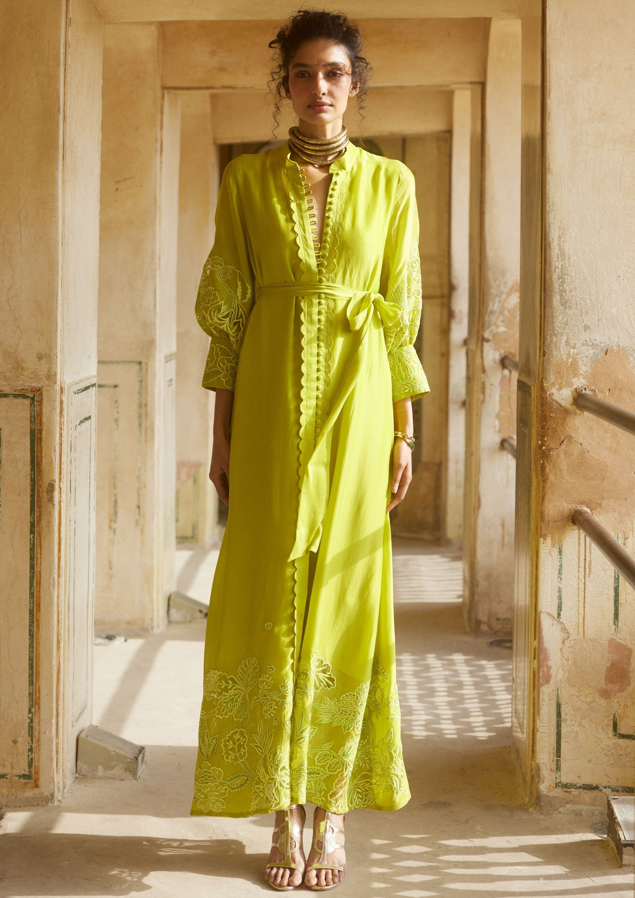 Lemon Yellow Silk Organza Cutwork Maxi Dress