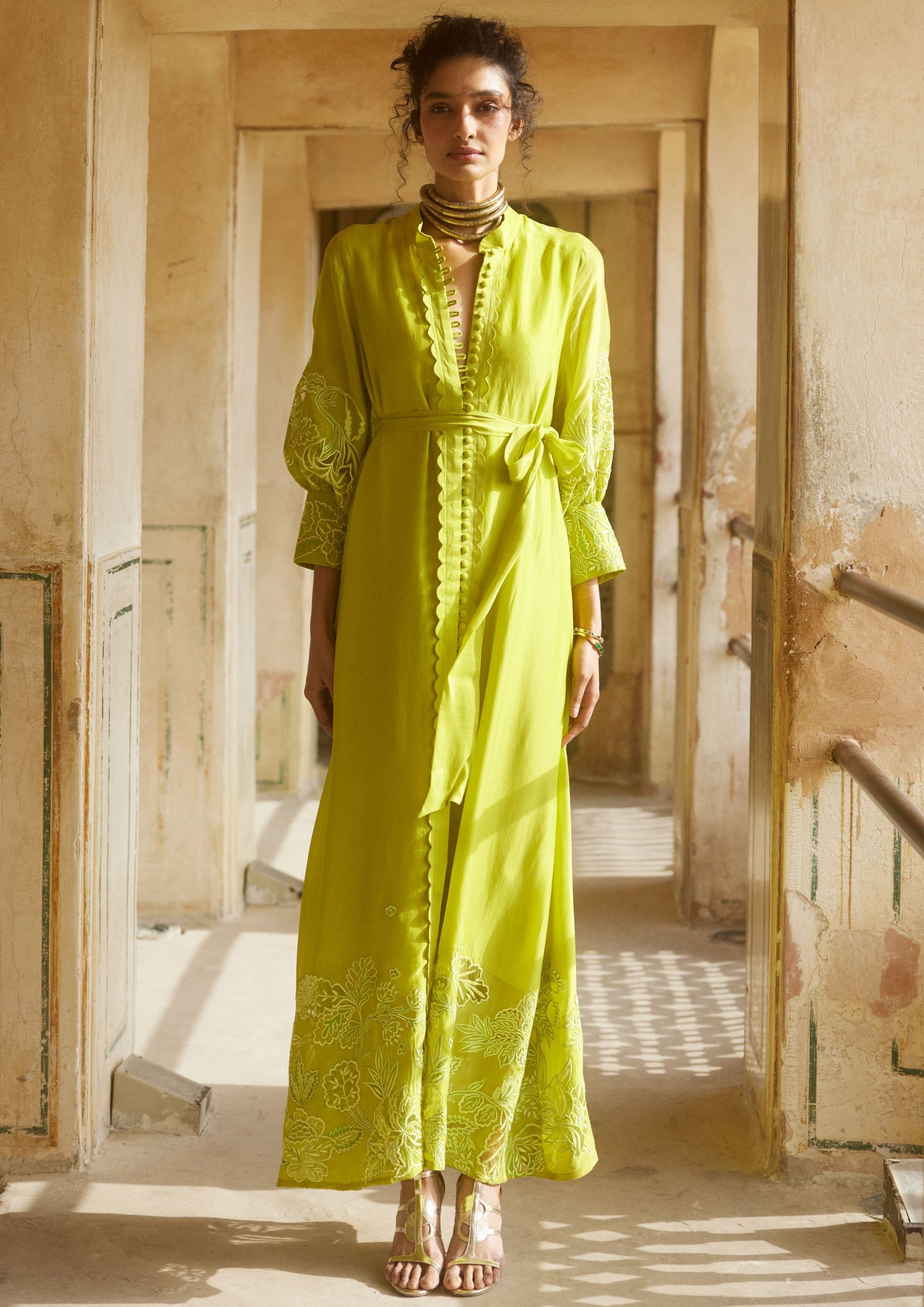 Lemon Yellow Silk Organza Cutwork Maxi Dress XL / Yellow