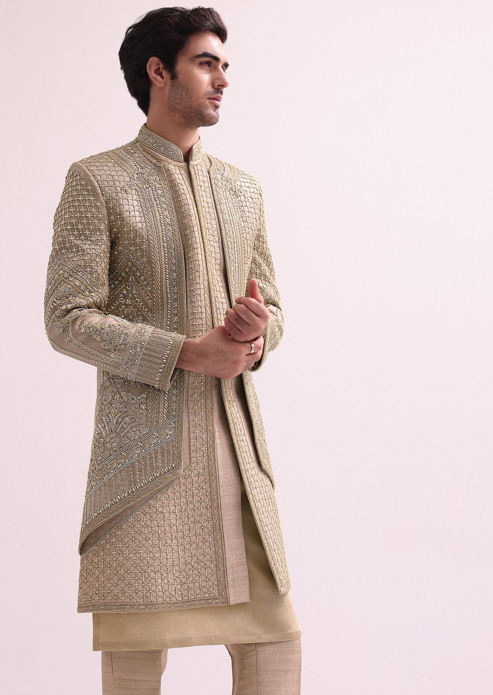 Beige Double Layered Raw Silk Sherwani Set