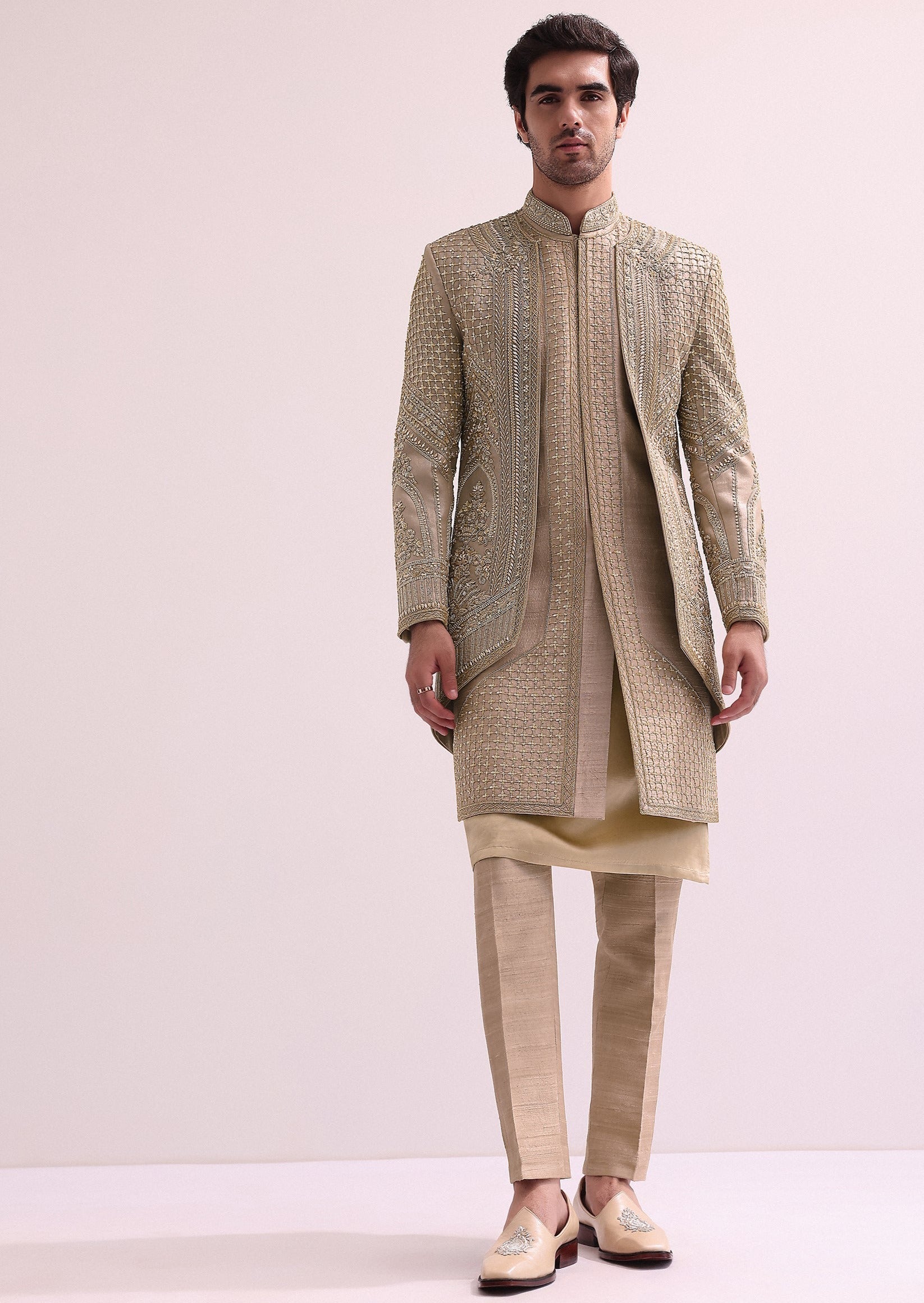 Beige Double Layered Raw Silk Sherwani Set