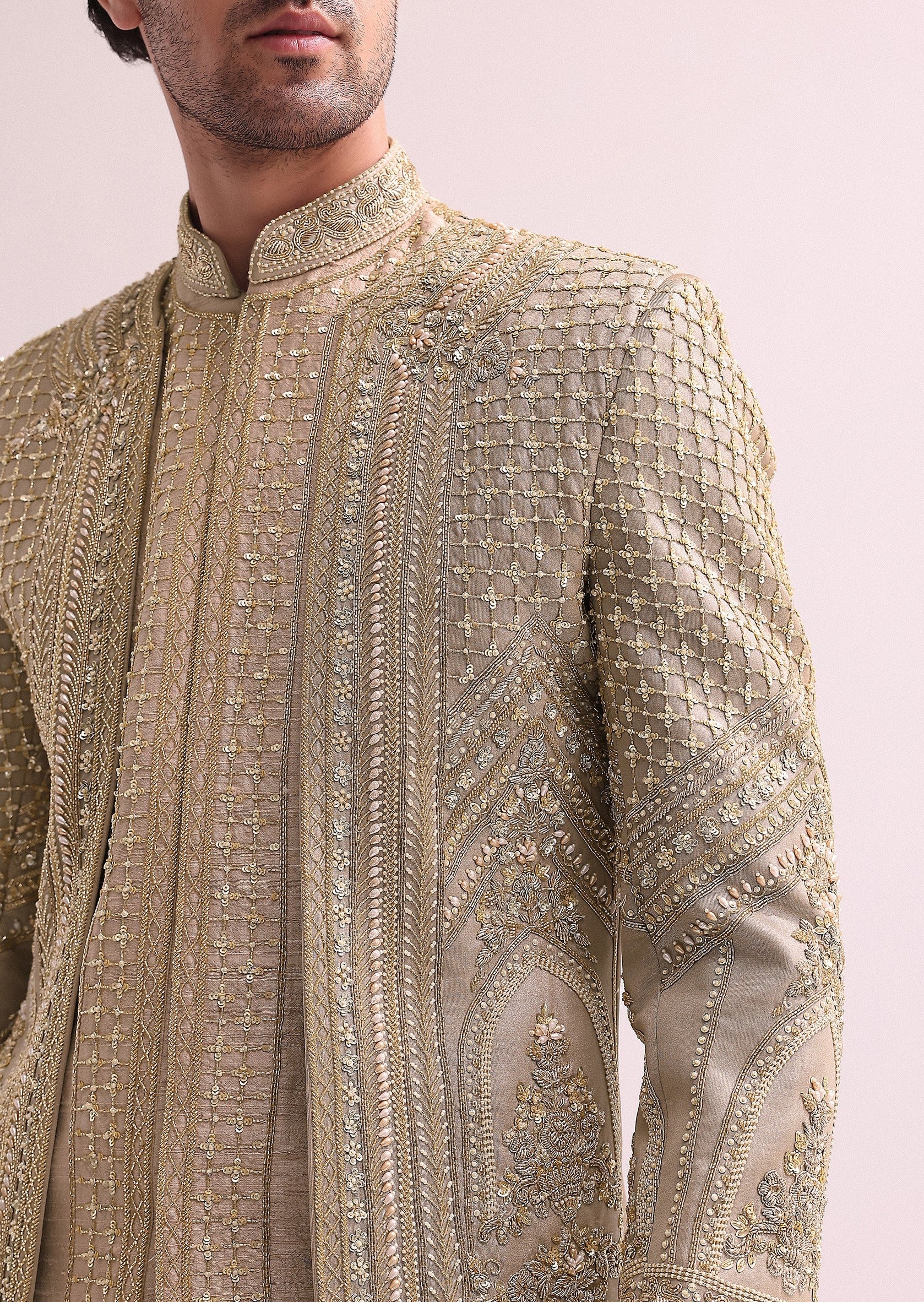 Beige Double Layered Raw Silk Sherwani Set
