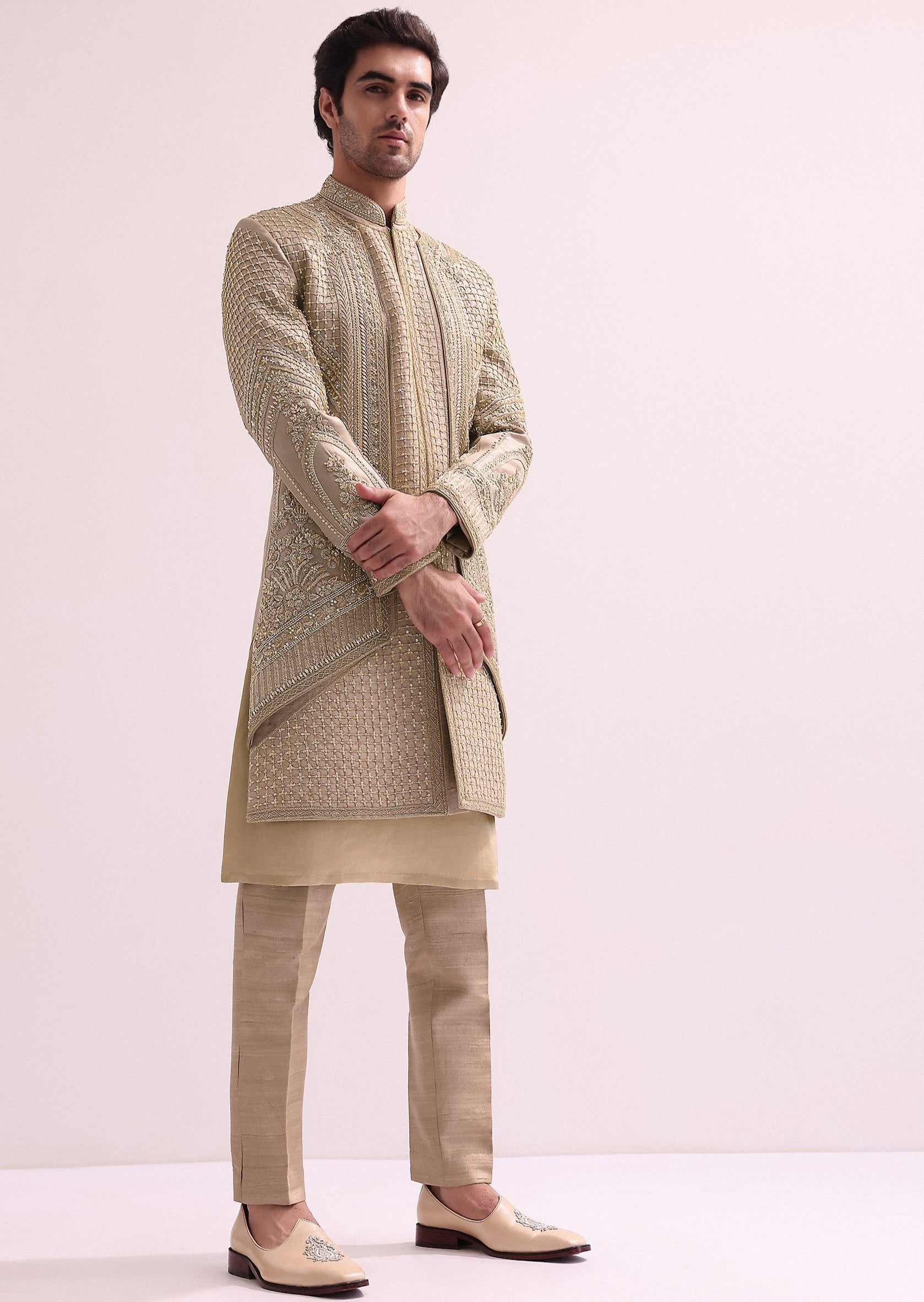 Beige Double Layered Raw Silk Sherwani Set