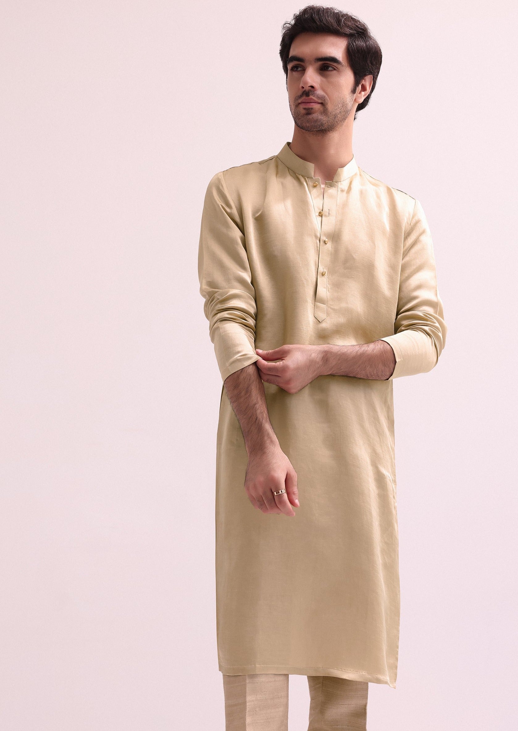Beige Double Layered Raw Silk Sherwani Set