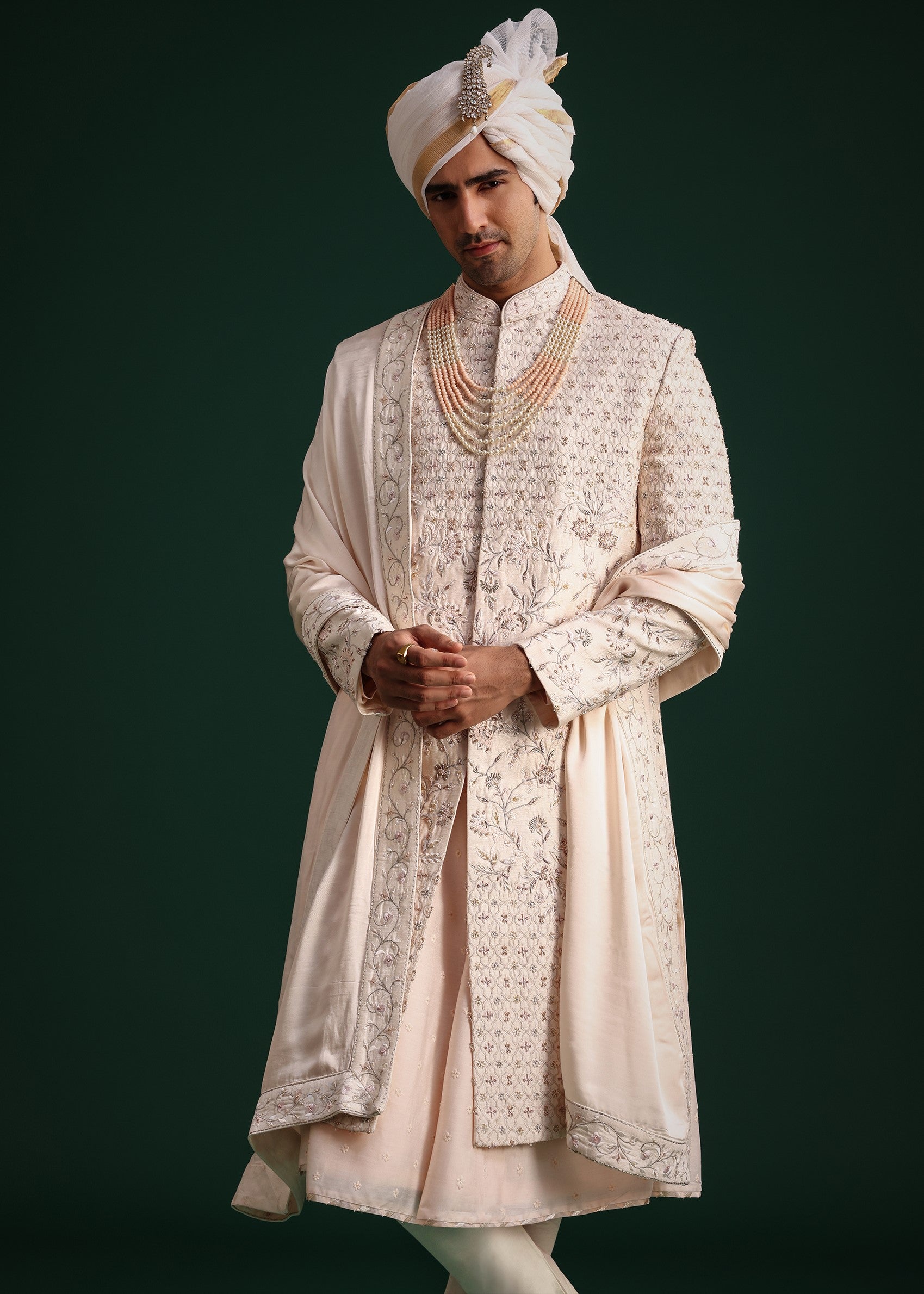 Peach Silk Zari Embroidered Sherwani Set