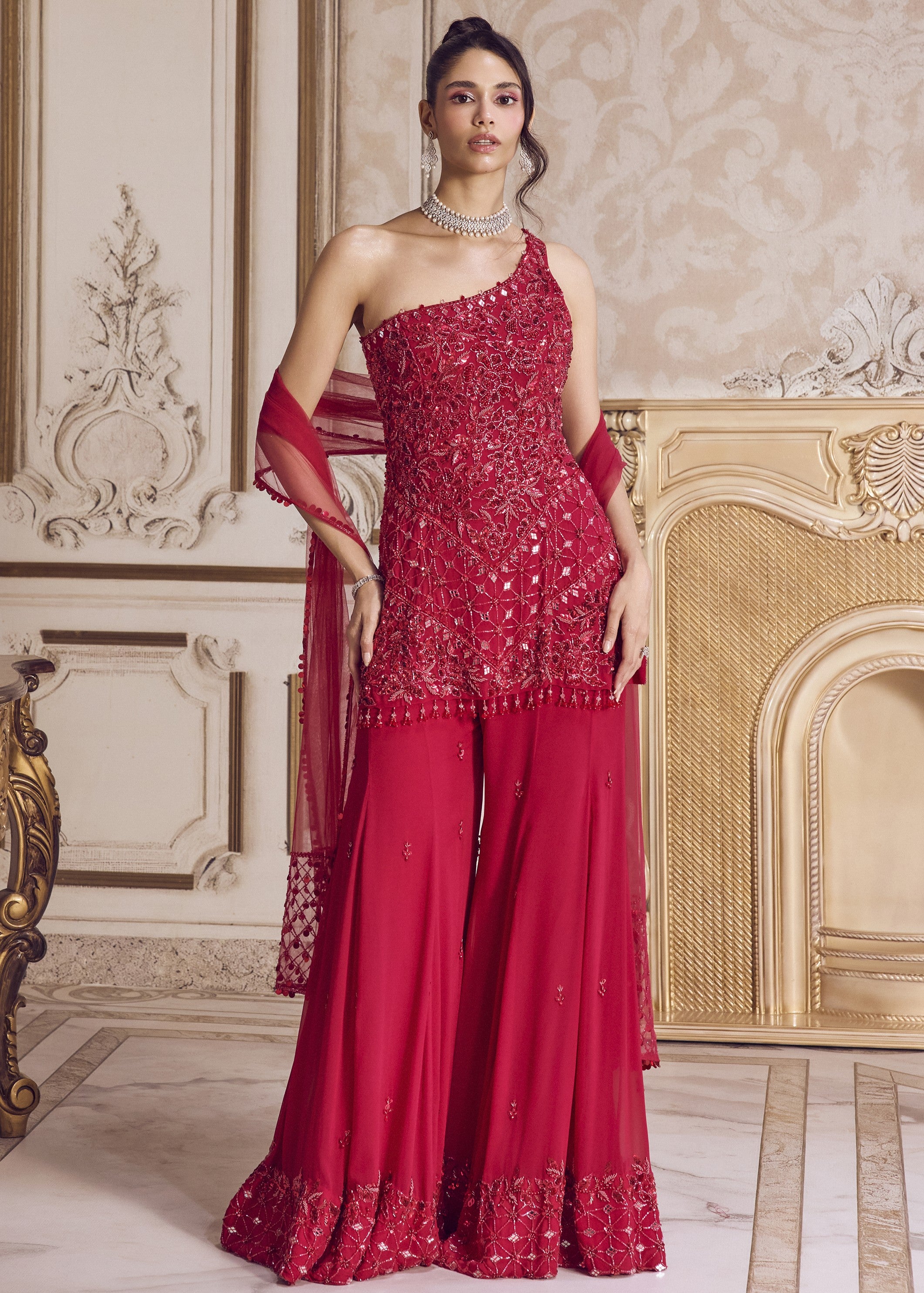 Magenta One Shoulder Kurta And Pants