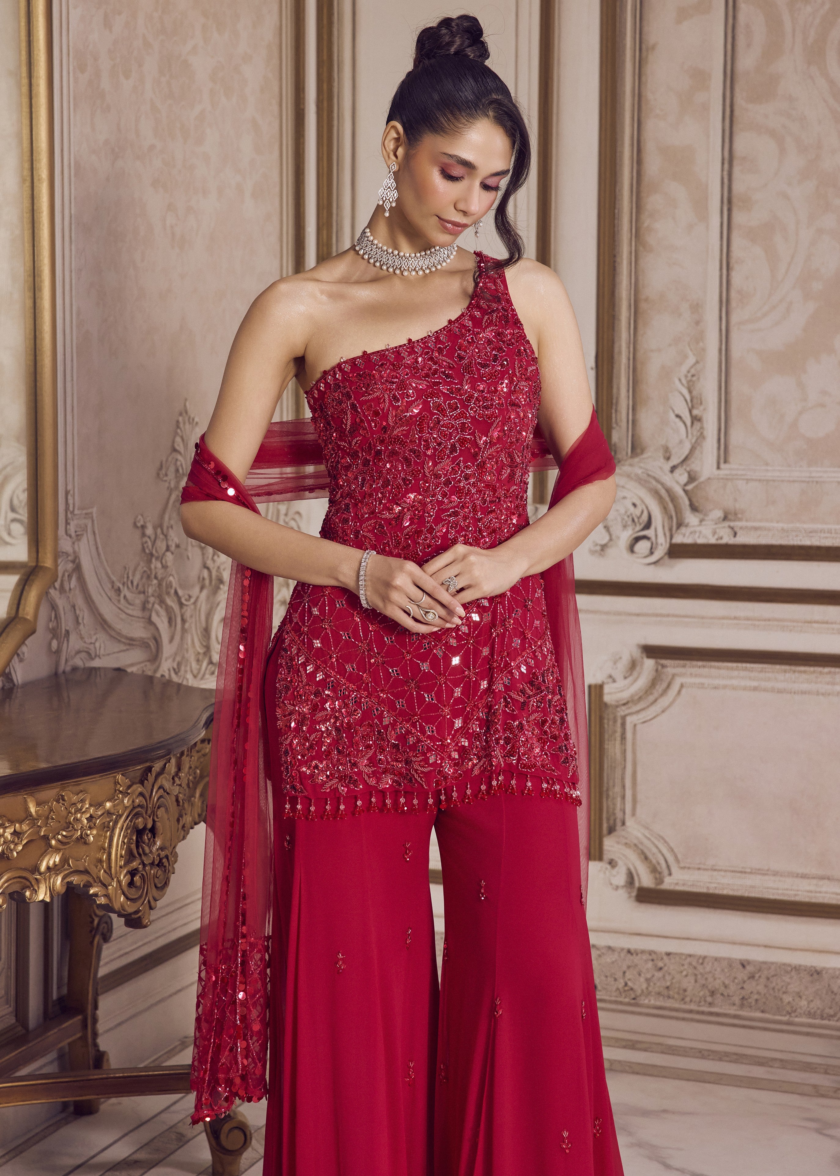 Magenta One Shoulder Kurta And Pants