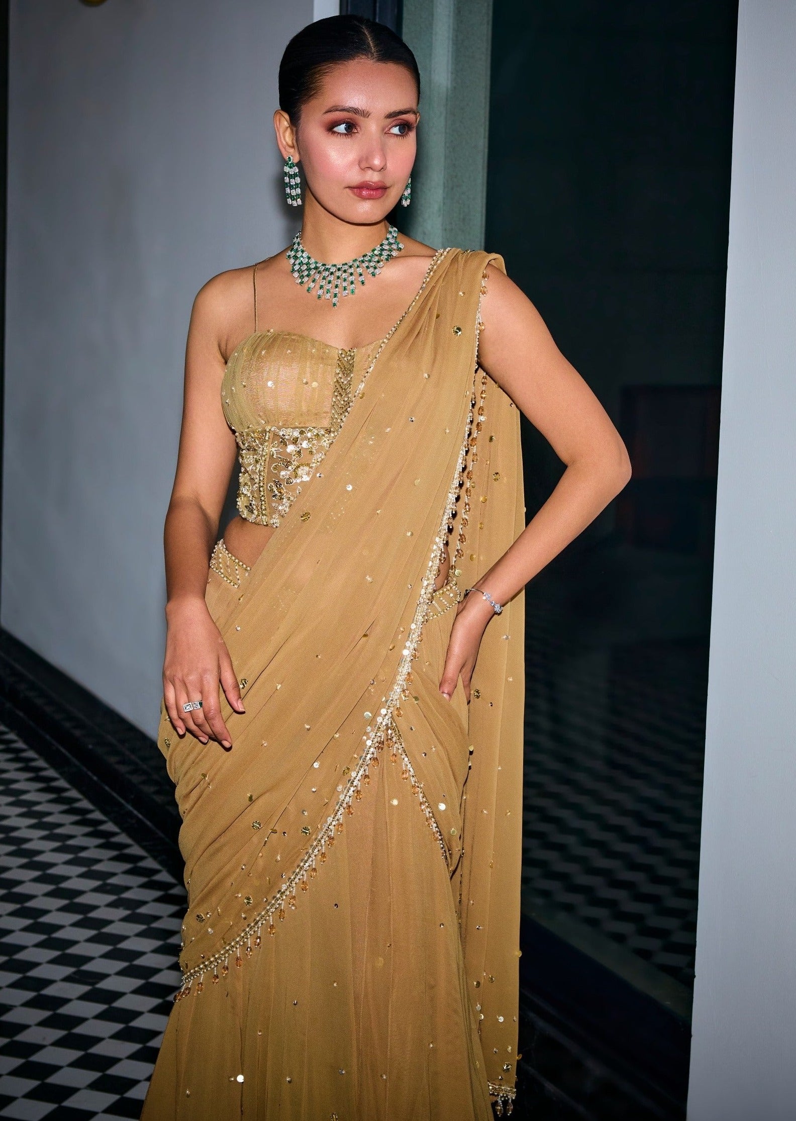 Gold Sequins Tiered Pre-Draped Sari Corset Set