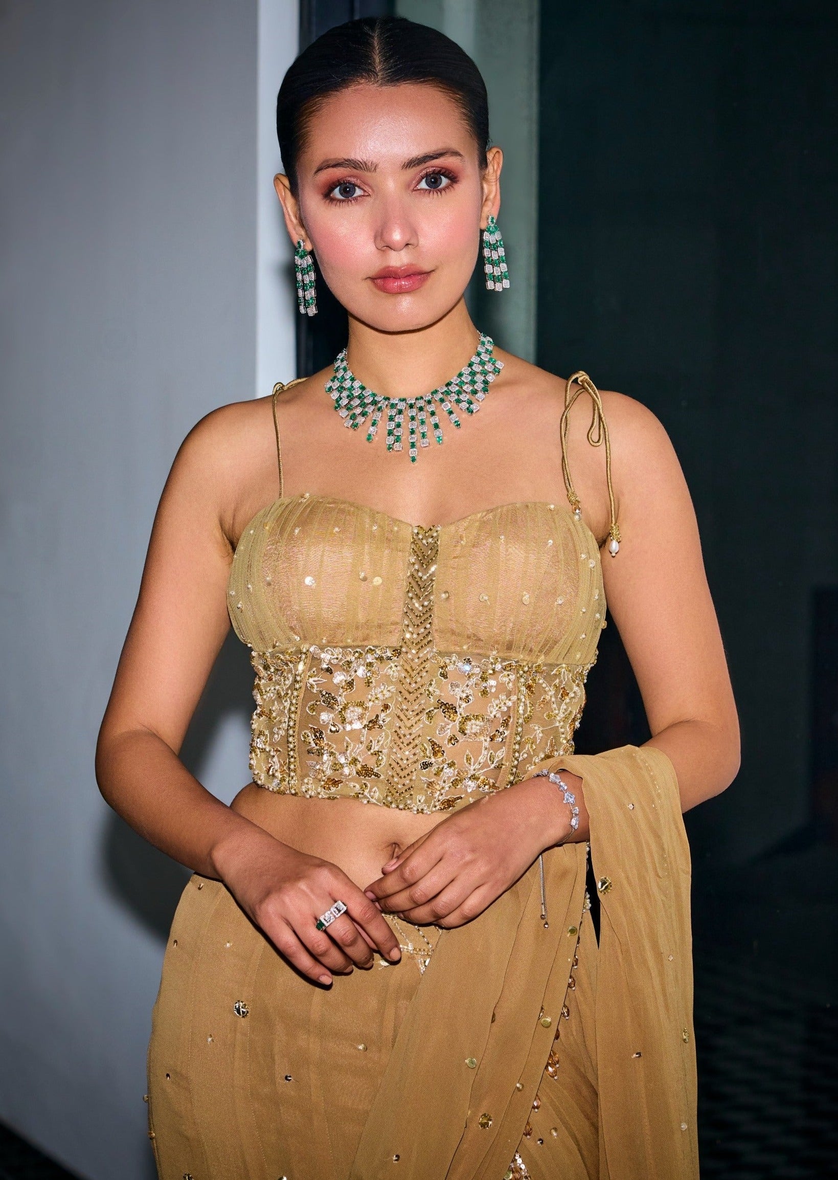 Gold Sequins Tiered Pre-Draped Sari Corset Set