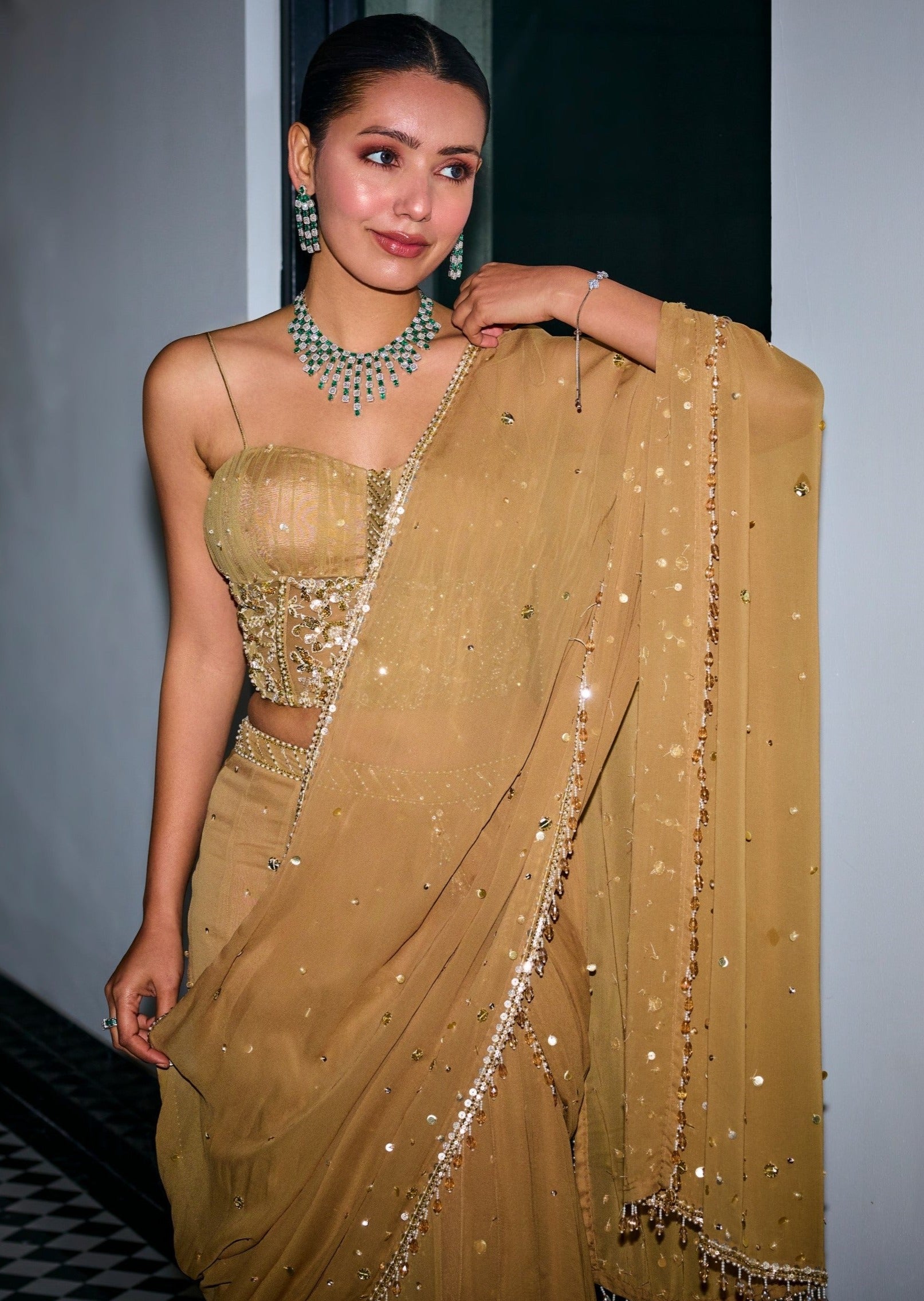 Gold Sequins Tiered Pre-Draped Sari Corset Set