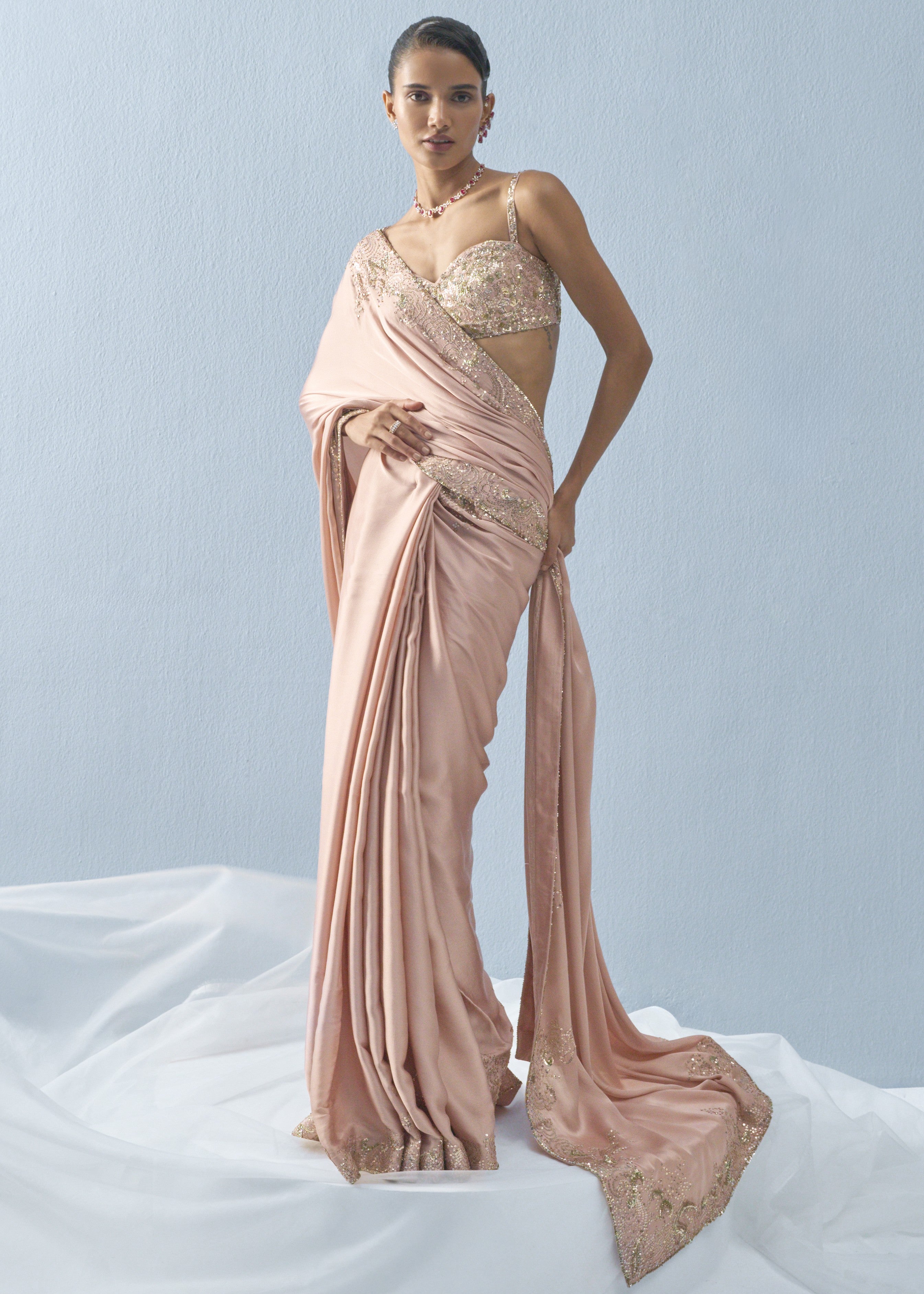 Nude Pink Satin Sari Set