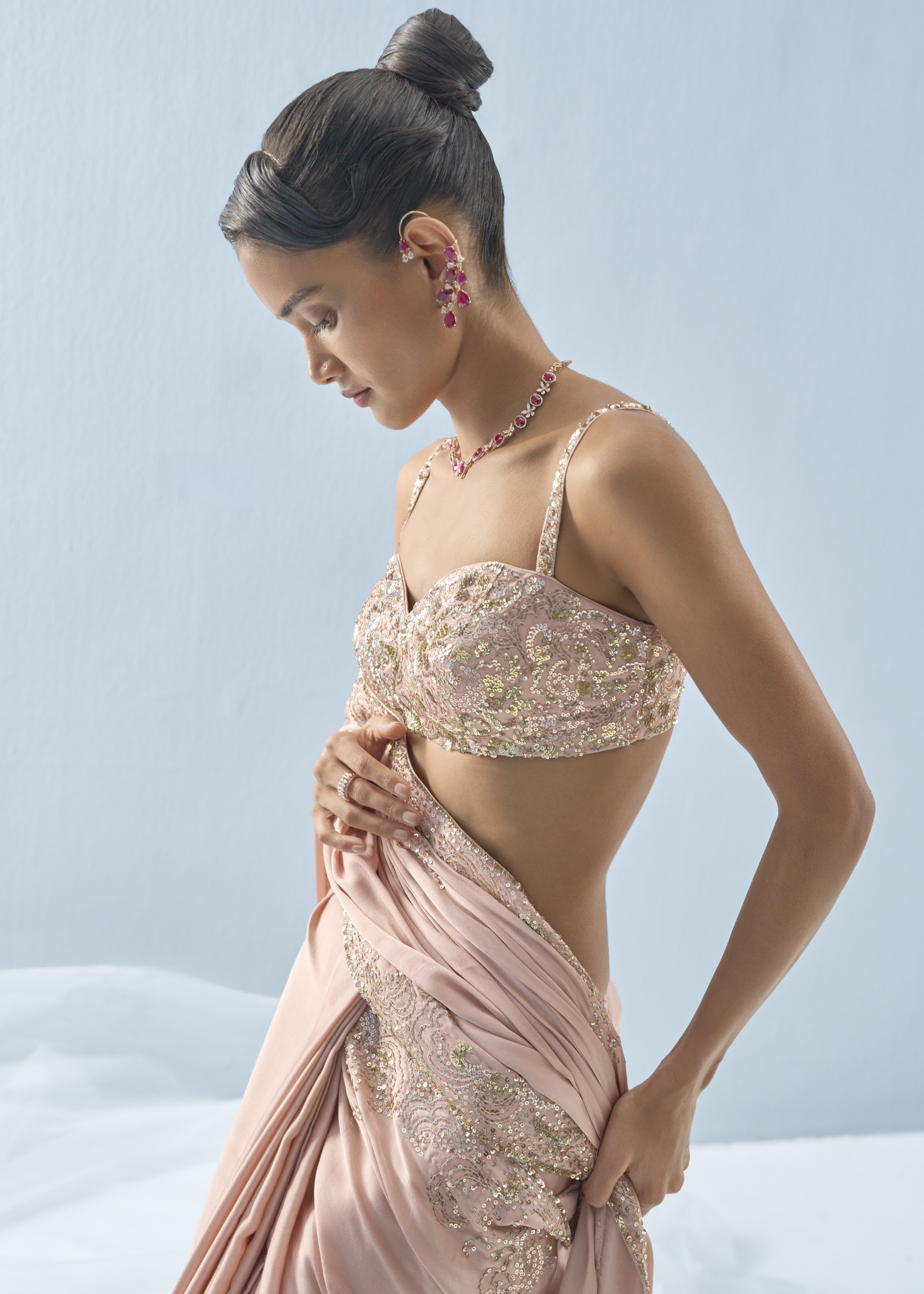 Nude Pink Satin Sari Set