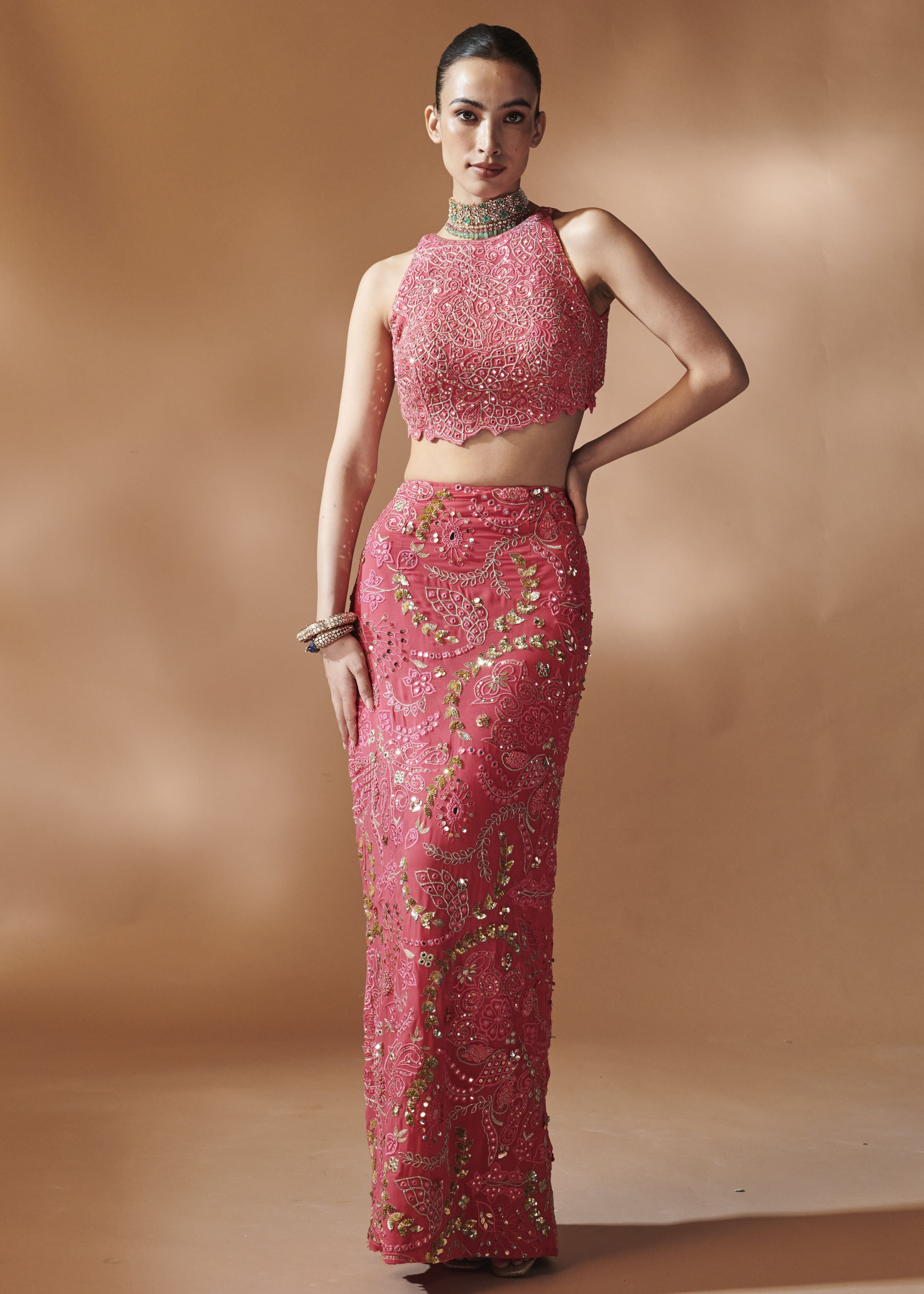 Pink Skirt With An Incut Blouse