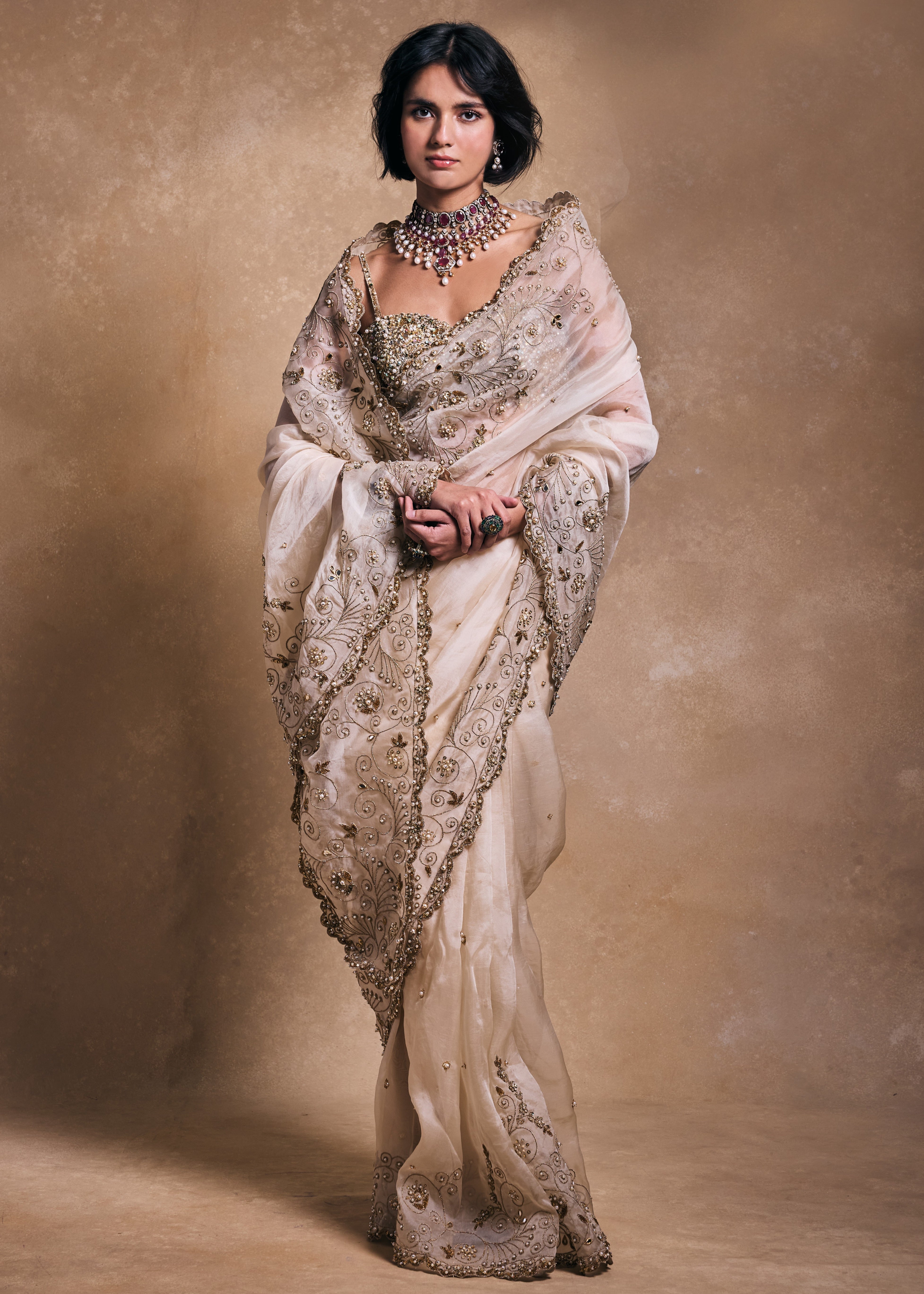 Cream Organza Sari Set