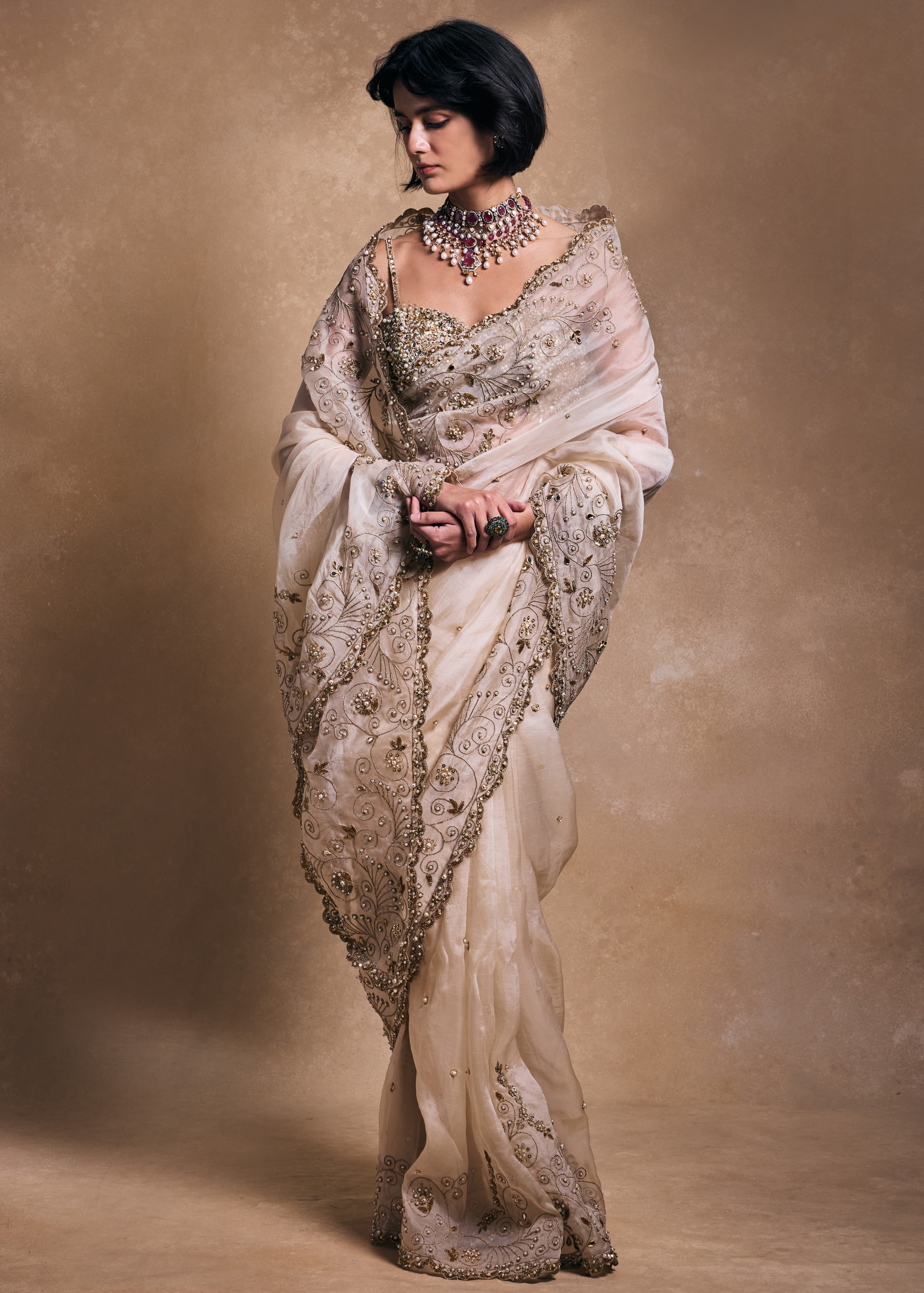 Cream Organza Sari Set