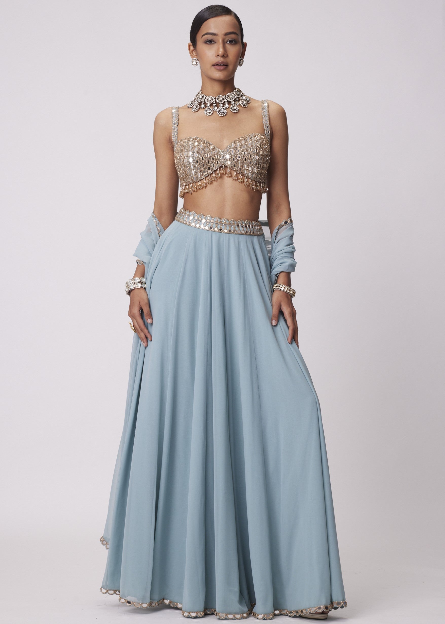 Powder Blue Mirror Embroidered Lehenga Pants Set