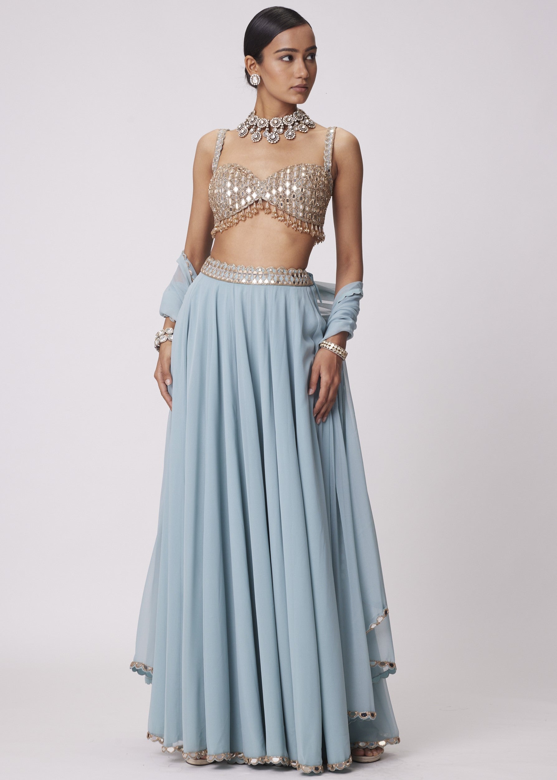 Powder Blue Mirror Embroidered Lehenga Pants Set