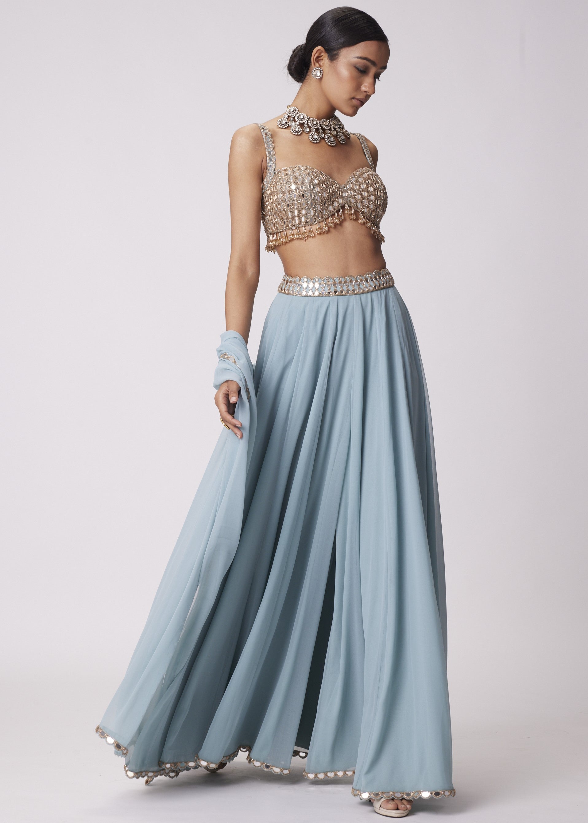 Powder Blue Mirror Embroidered Lehenga Pants Set
