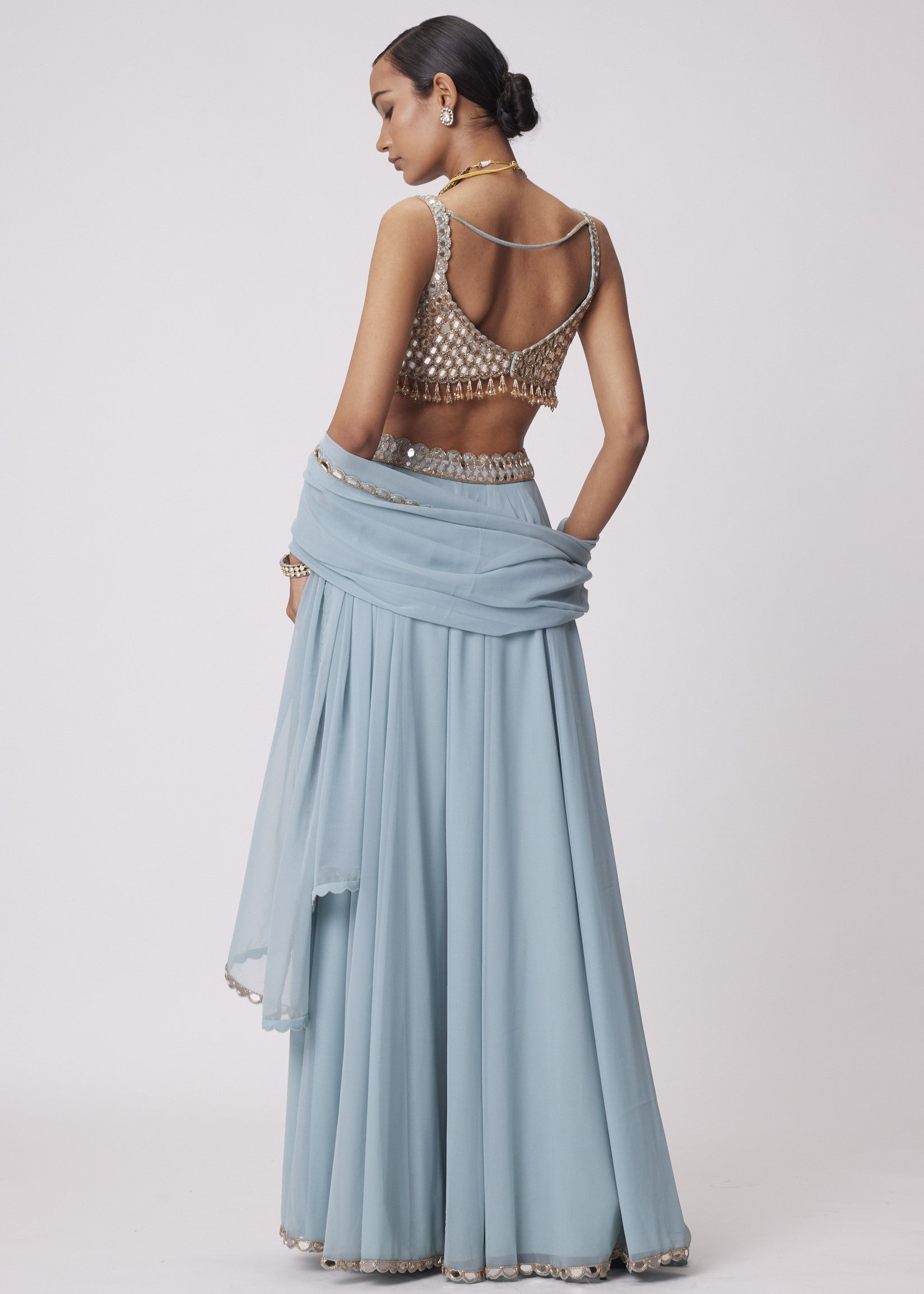 Powder Blue Mirror Embroidered Lehenga Pants Set
