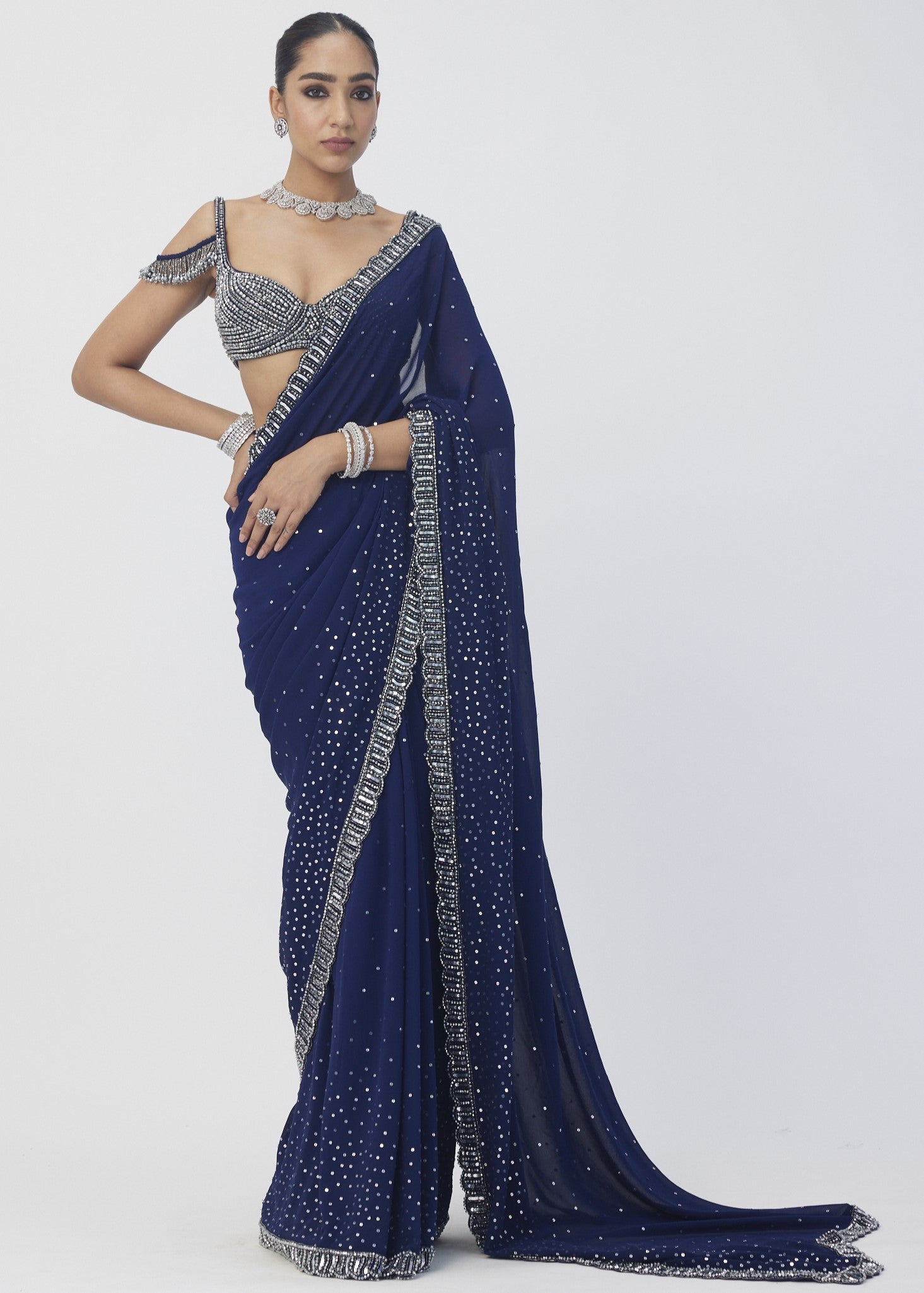 Deep Blue Sequins Embroidered Sari