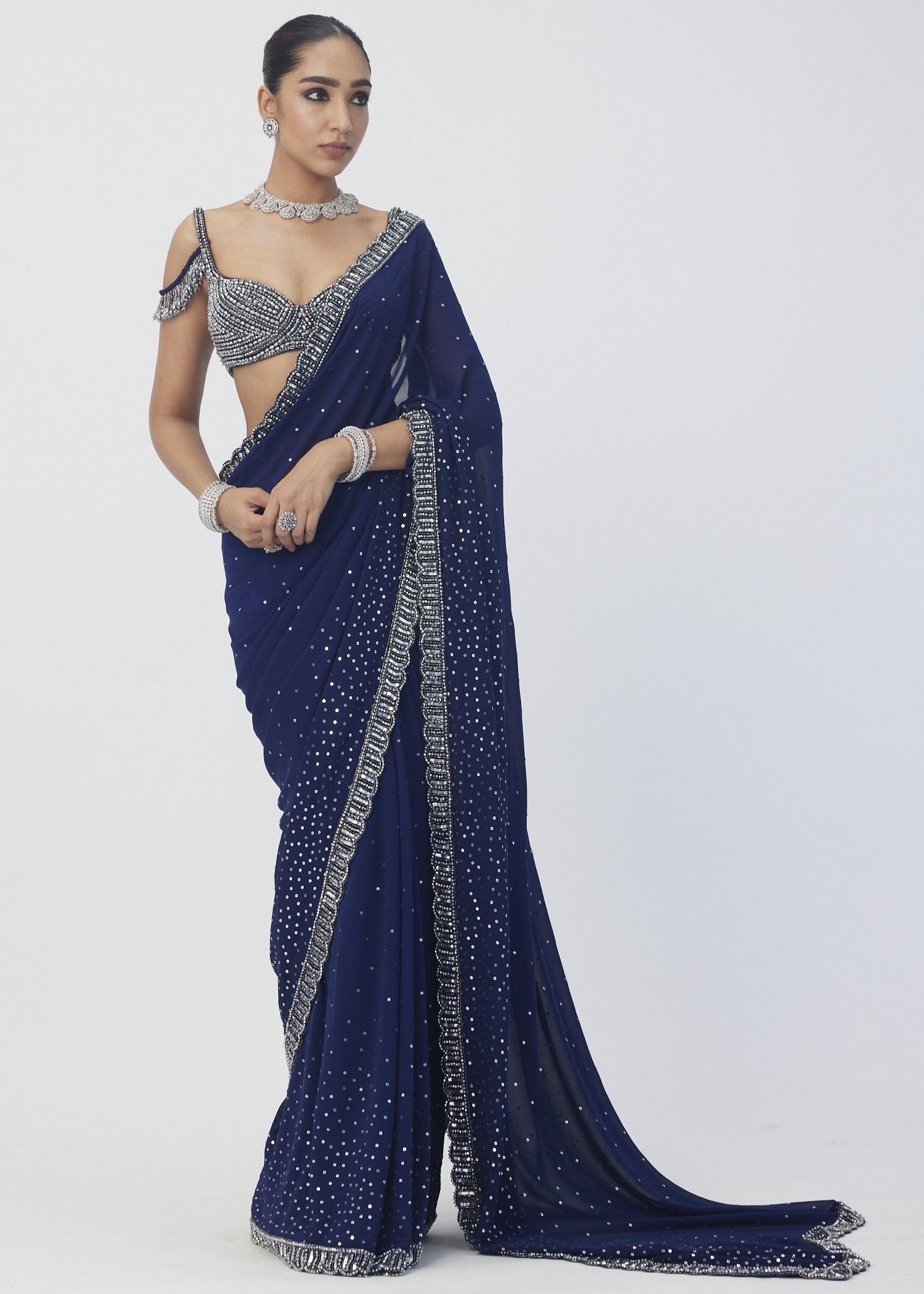 Deep Blue Sequins Embroidered Sari