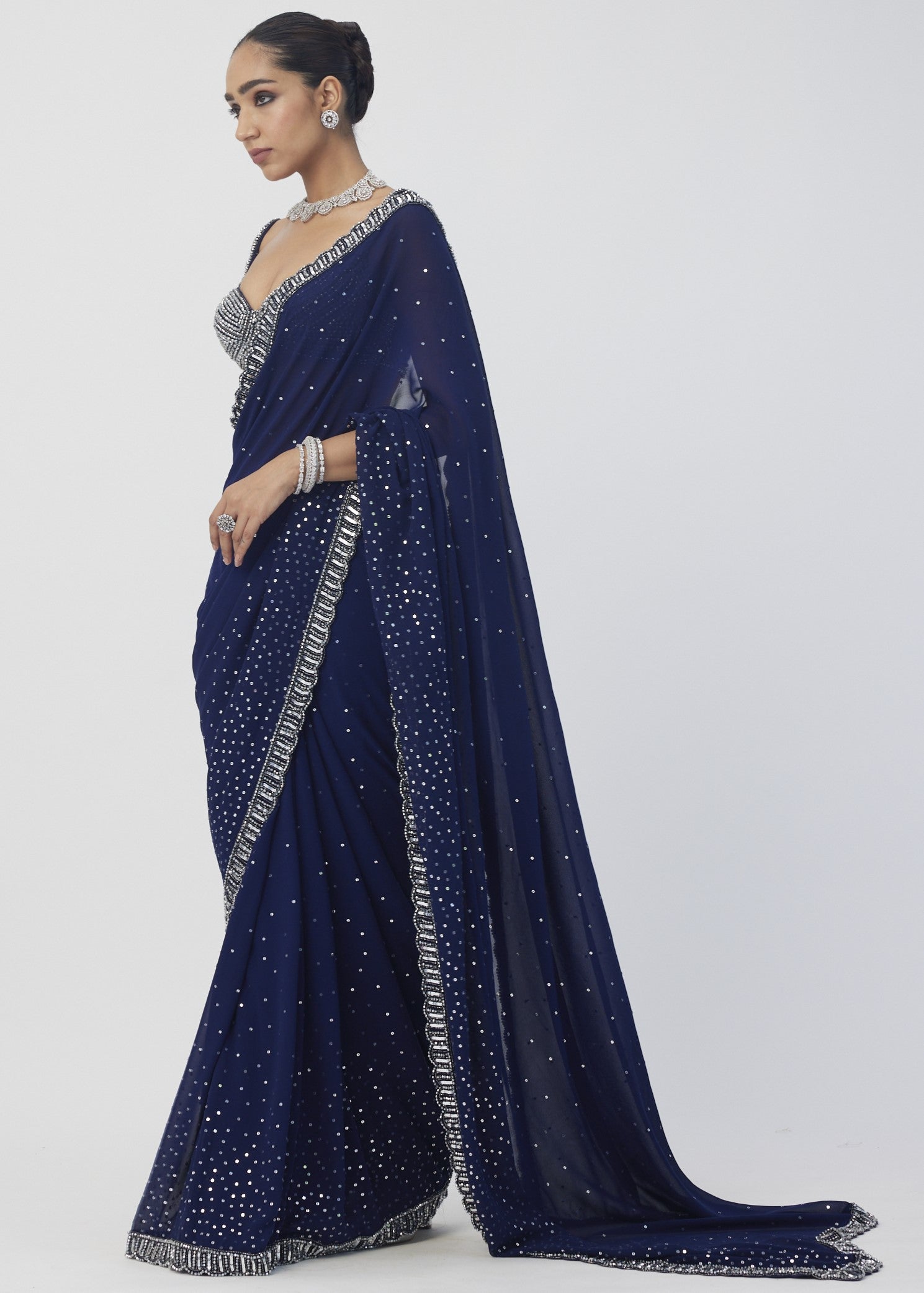 Deep Blue Sequins Embroidered Sari