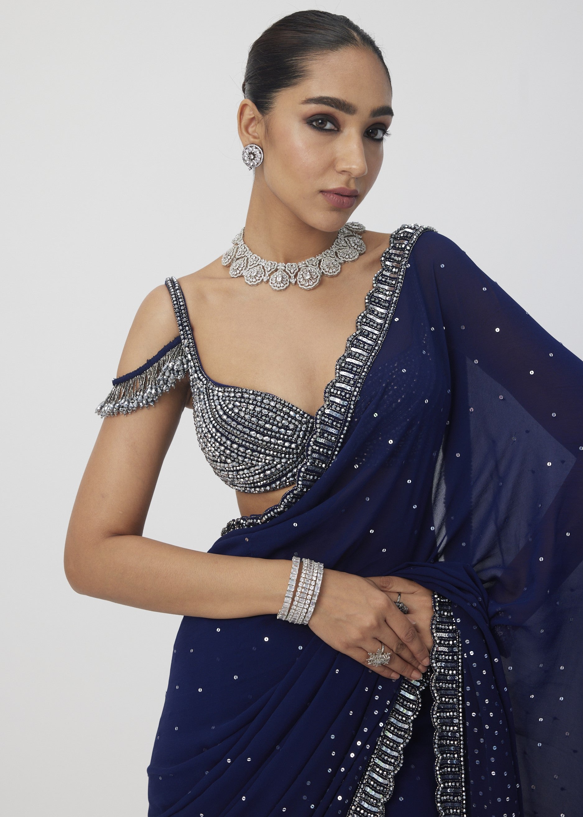 Deep Blue Sequins Embroidered Sari