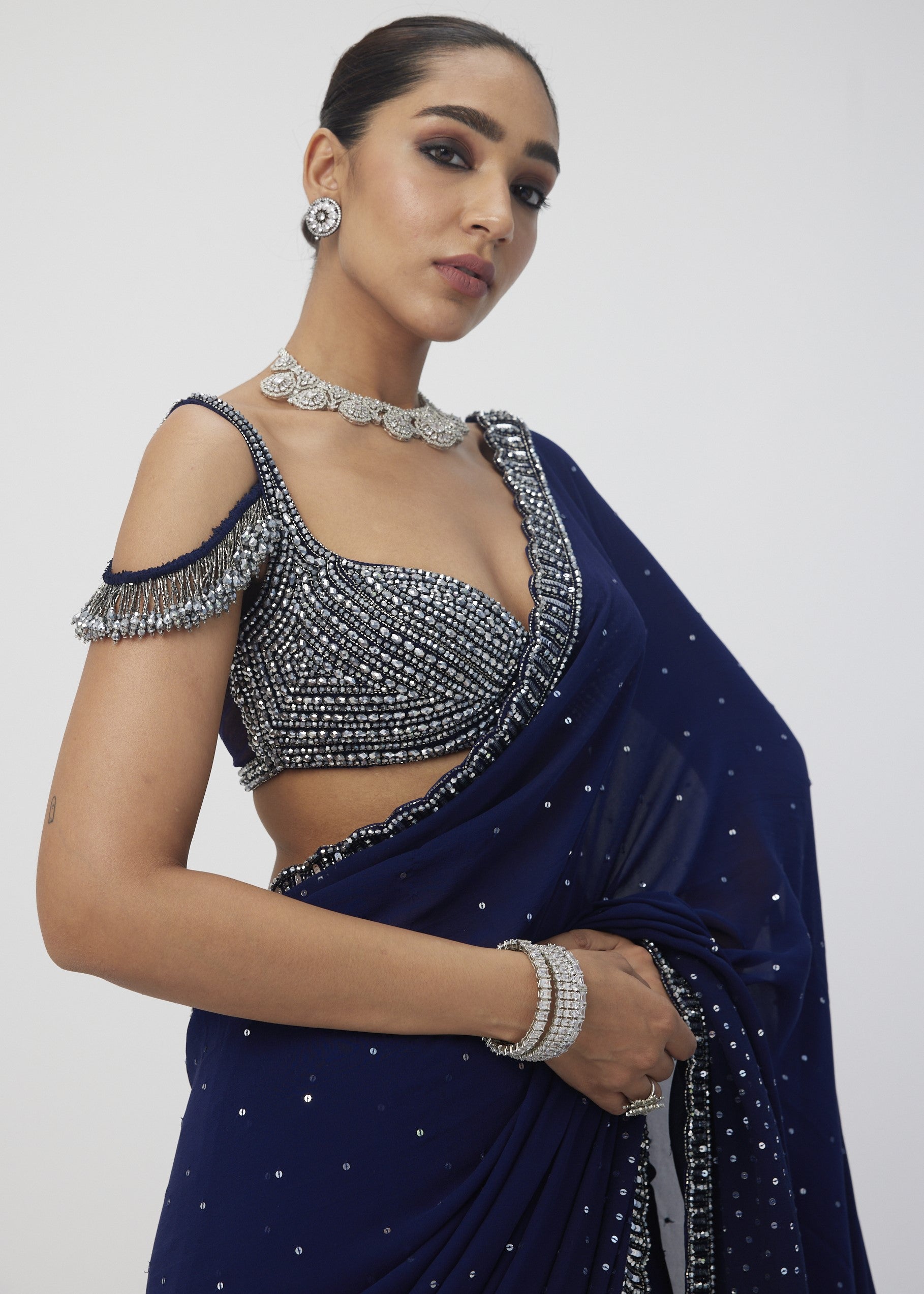 Deep Blue Sequins Embroidered Sari
