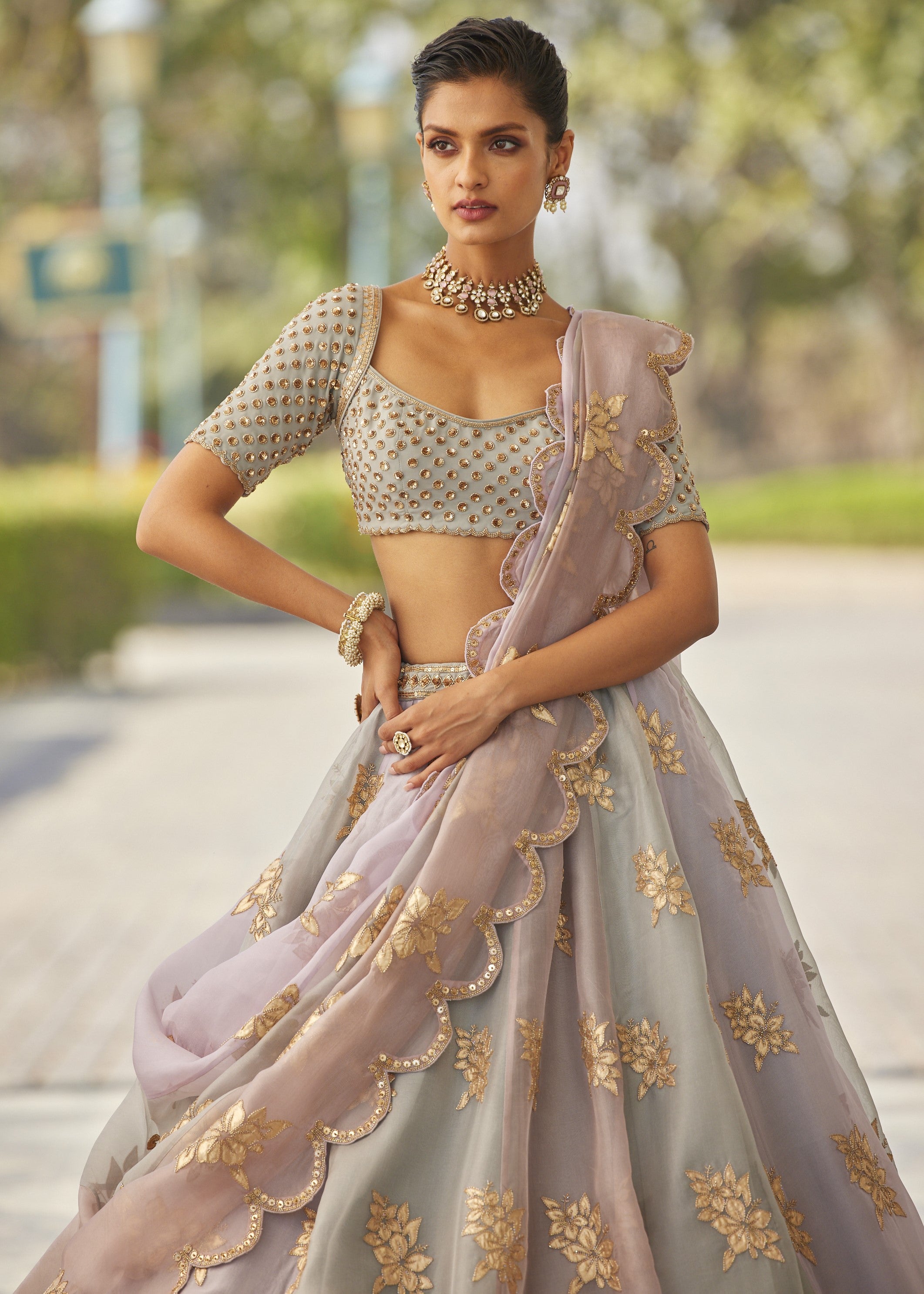 Powder Grey Flower Lehenga Set