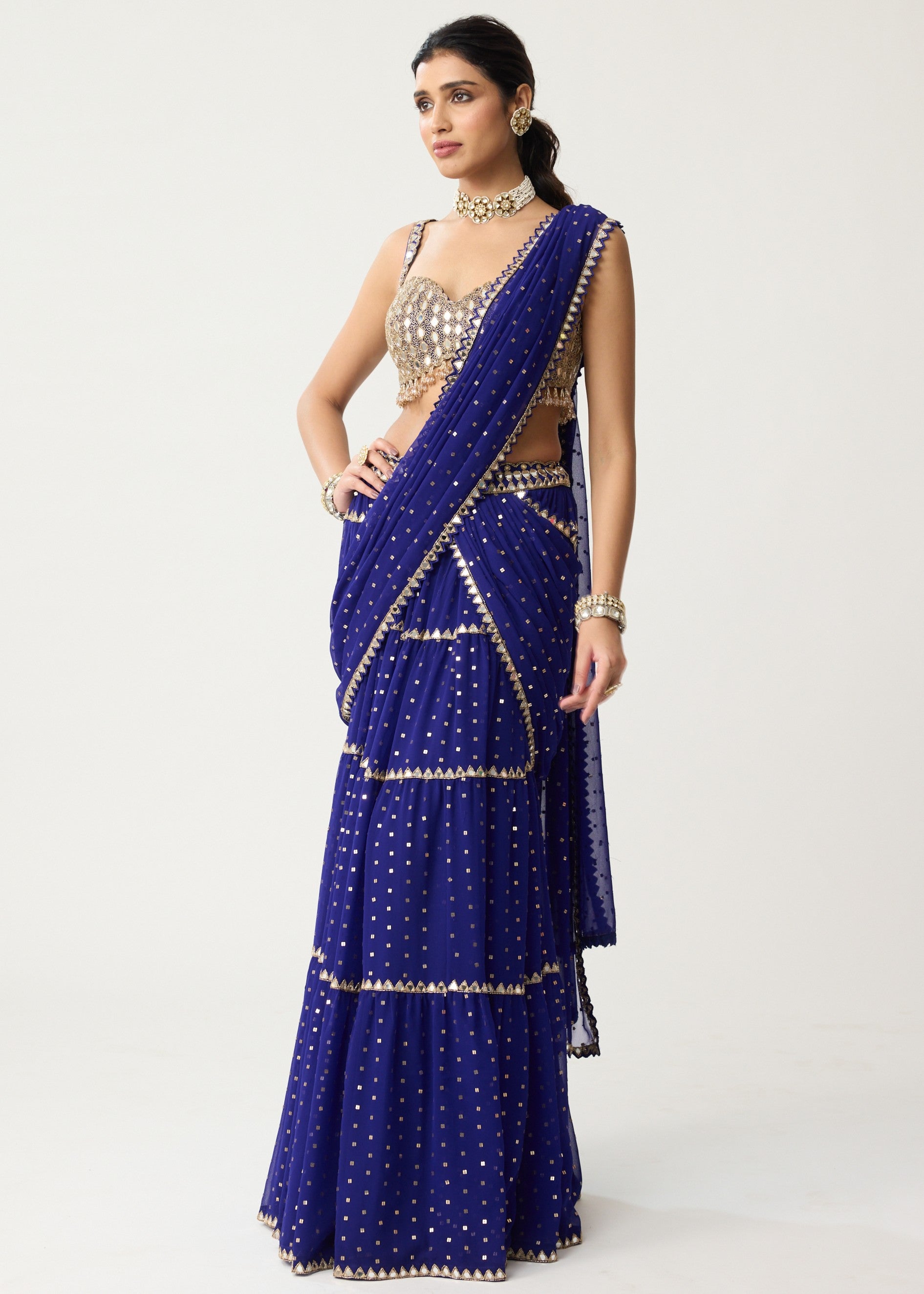 Persian Blue Multi-tier Mirror Sari Set