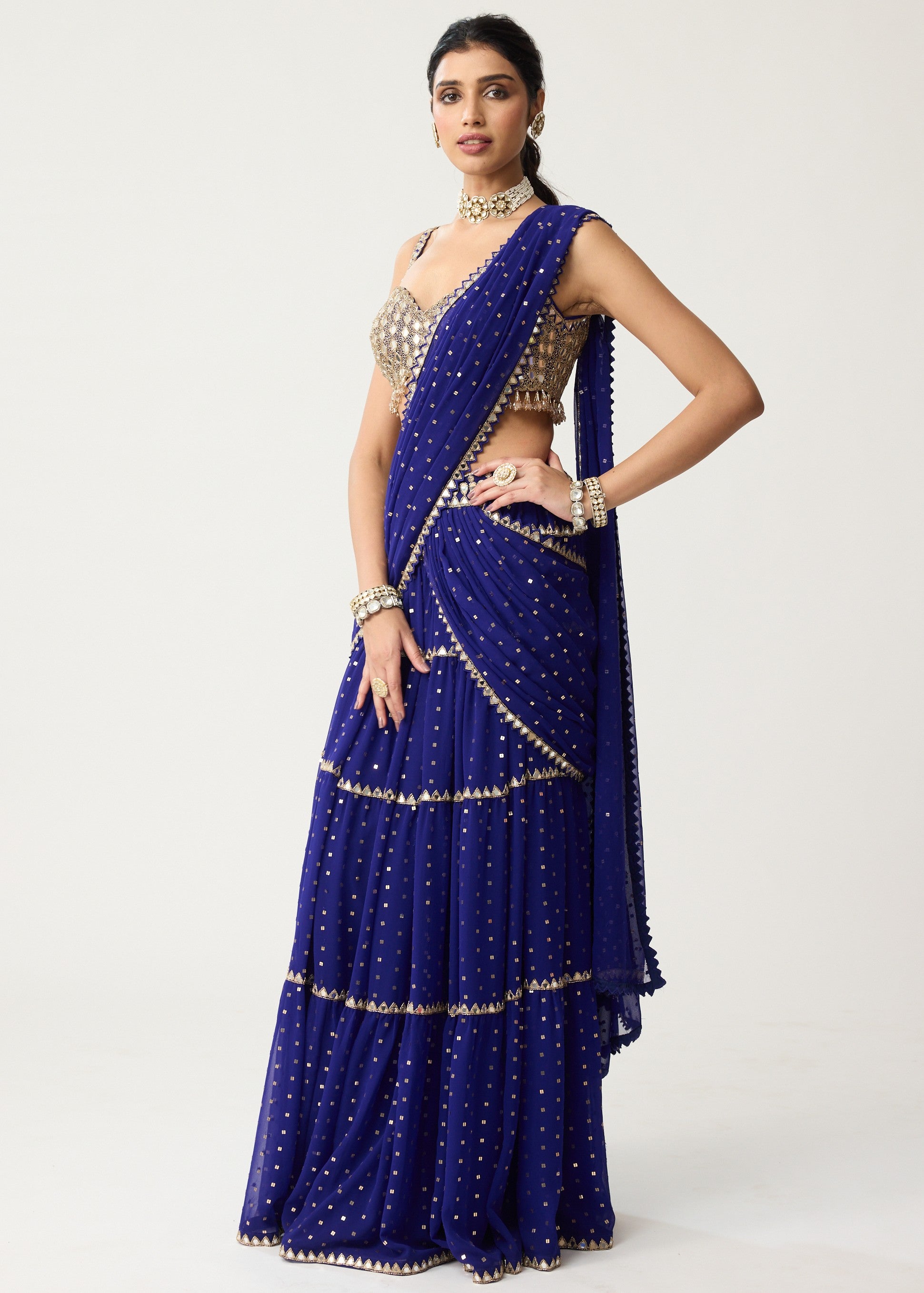 Persian Blue Multi-tier Mirror Sari Set