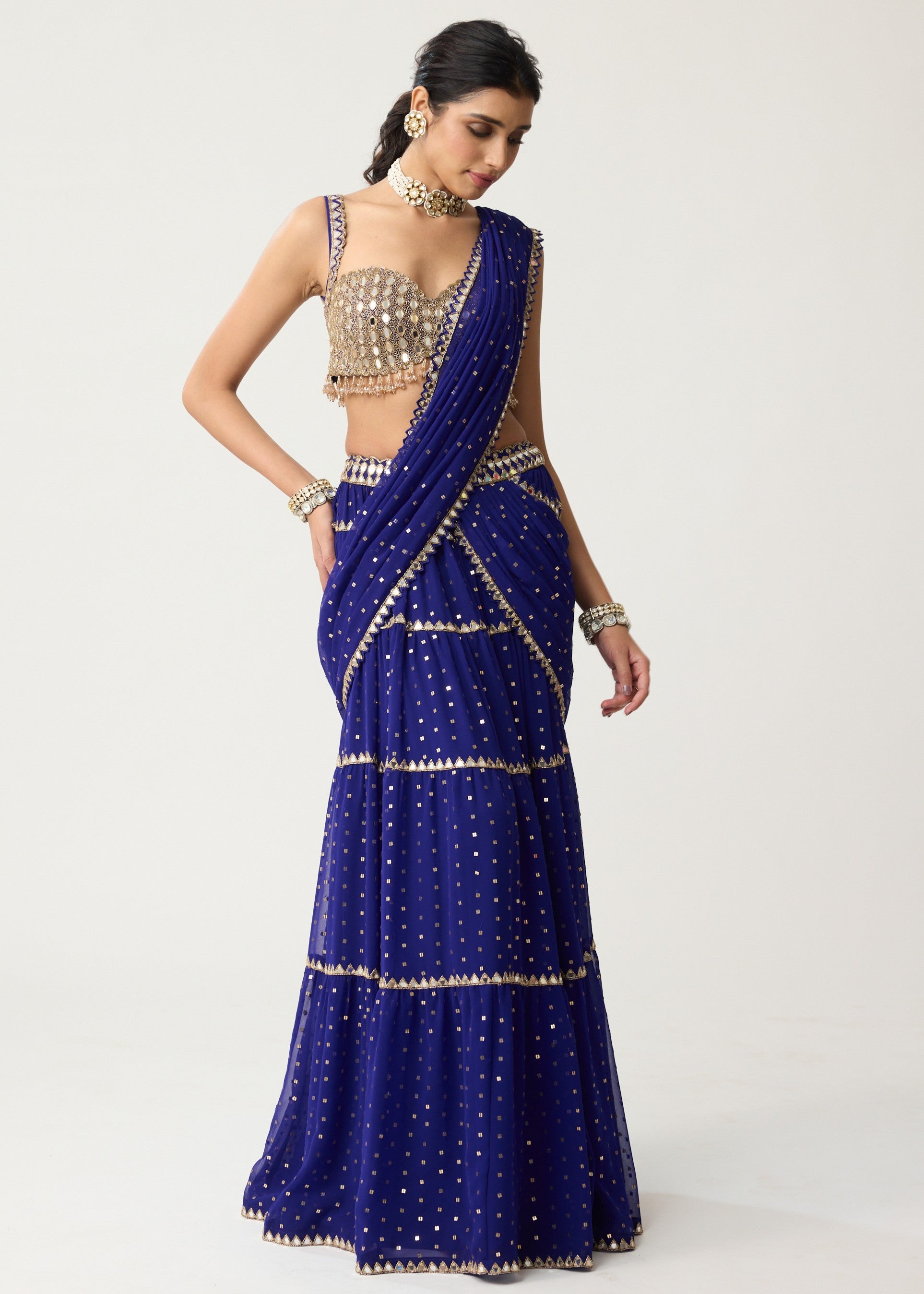 Persian Blue Multi-tier Mirror Sari Set