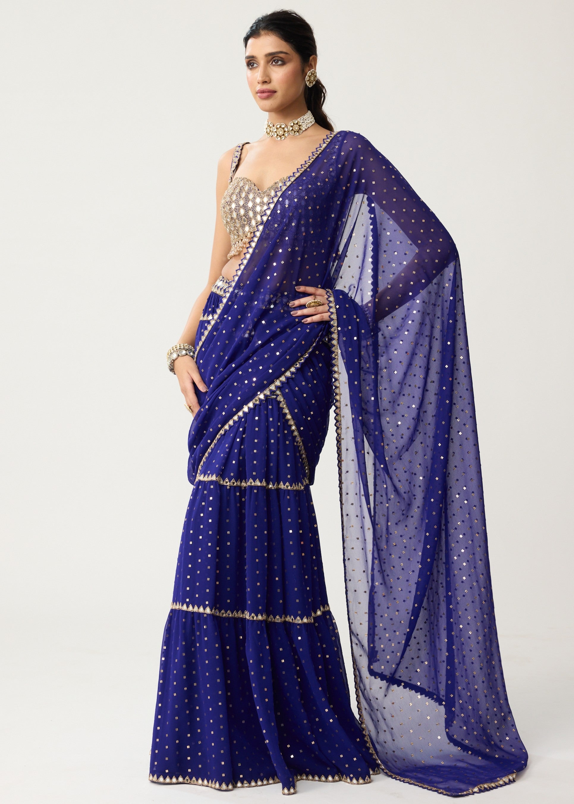 Persian Blue Multi-tier Mirror Sari Set