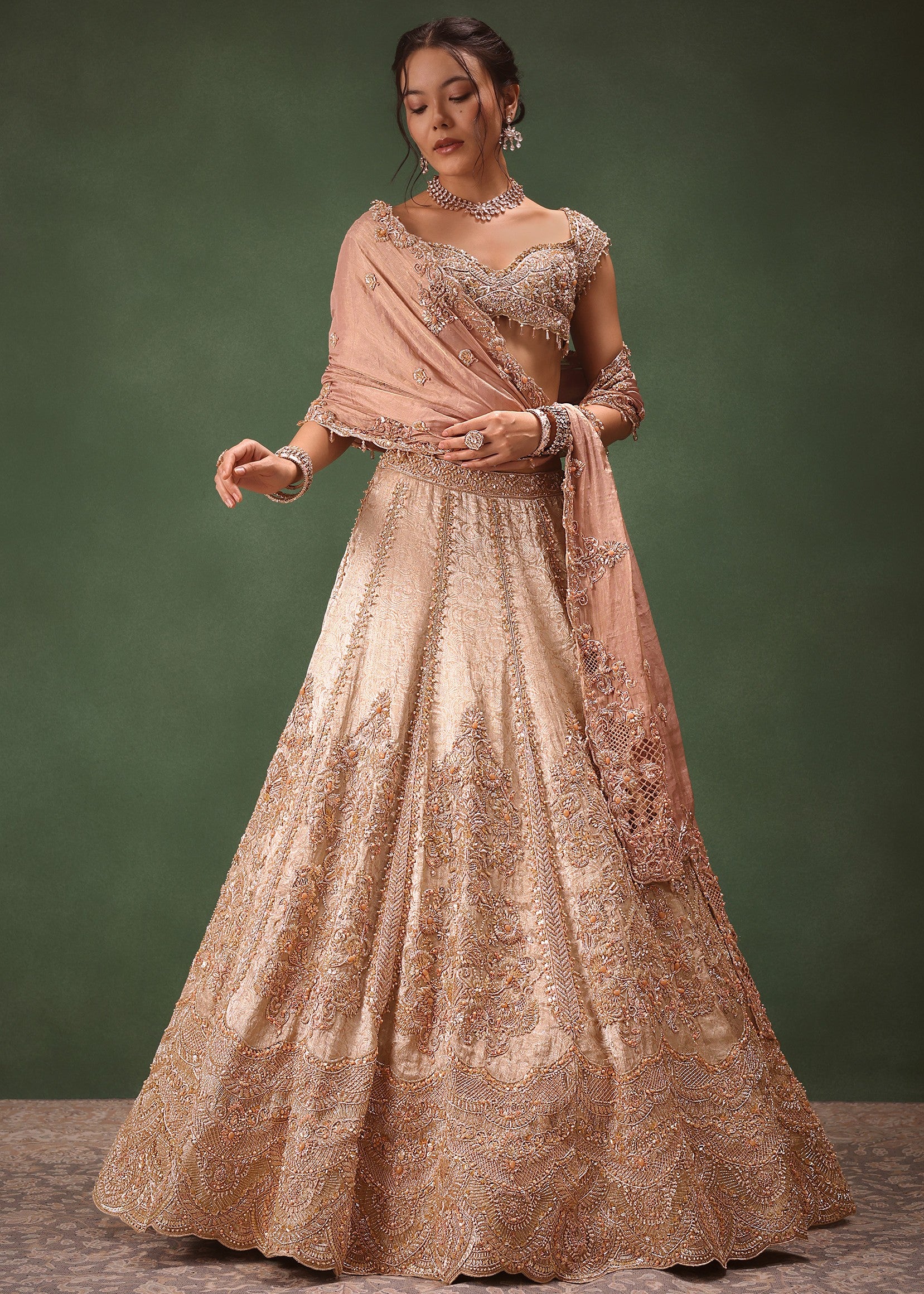 Peach Brocade Embroidered Bridal Lehenga