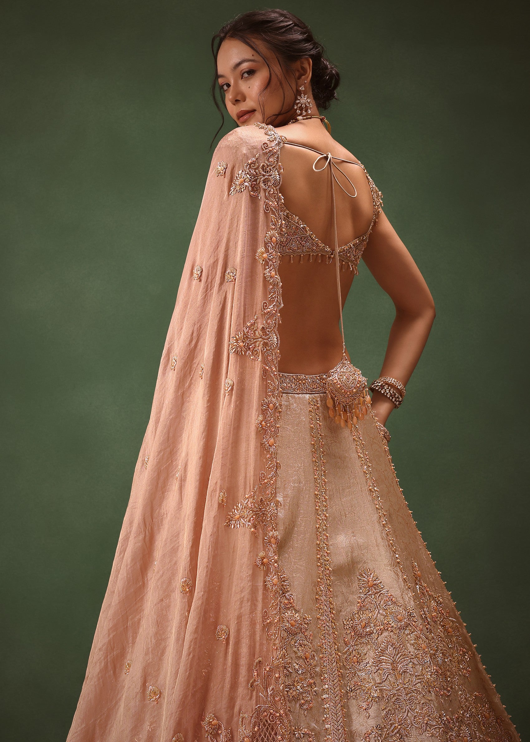 Peach Brocade Embroidered Bridal Lehenga